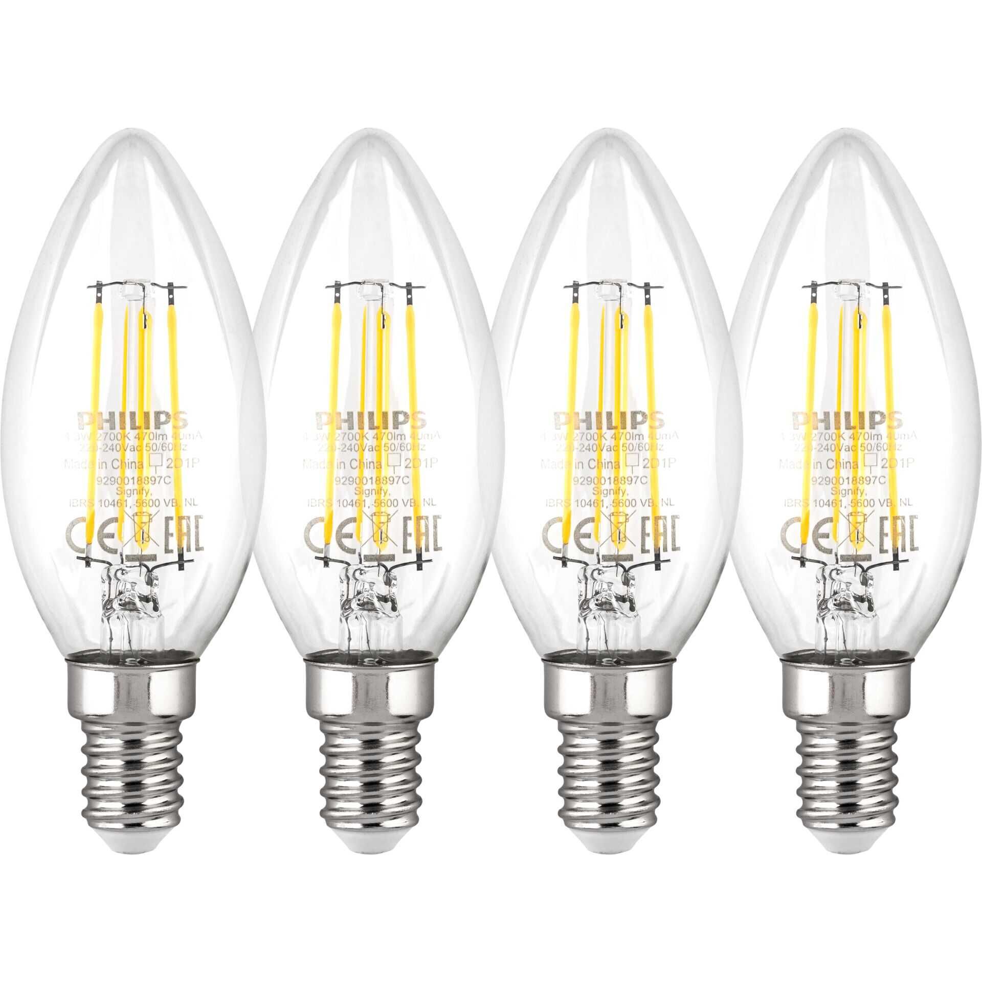 Philips LED Lampe E14 4er Set 40W 2700K Filament Kerzenform
