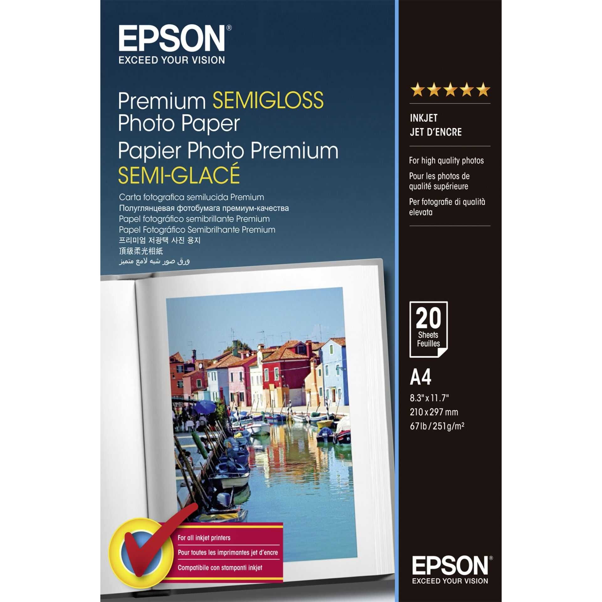 Epson Premium Semigloss Photo Paper - Halbglänzend - A4 (210 x 297 mm) 20 Blatt Fotopapier - für EcoTank ET-2750, 2751, 2756, 2850, 2851, 2856, 4750, 4850; Expression Home HD XP-15000