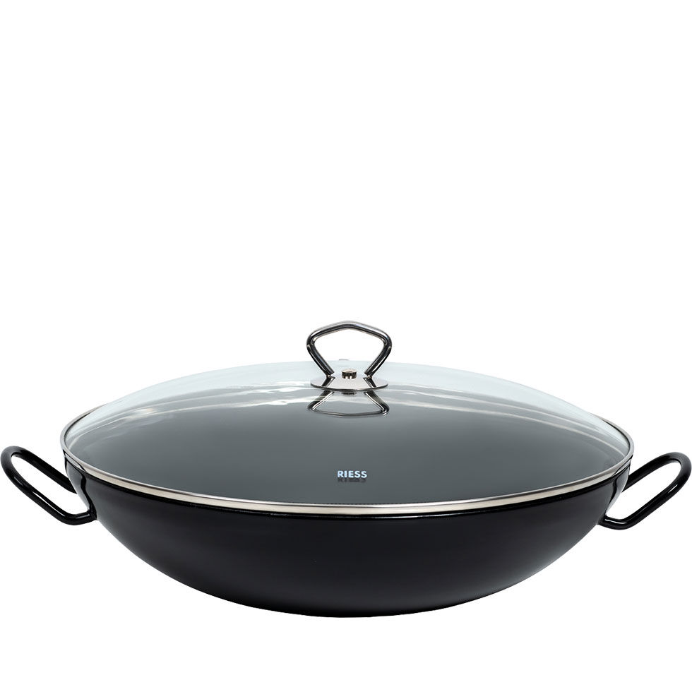 Riess Wok mit Glasdeckel Ø36cm Servierpfanne mit zwei Griffen Emaille schwarz