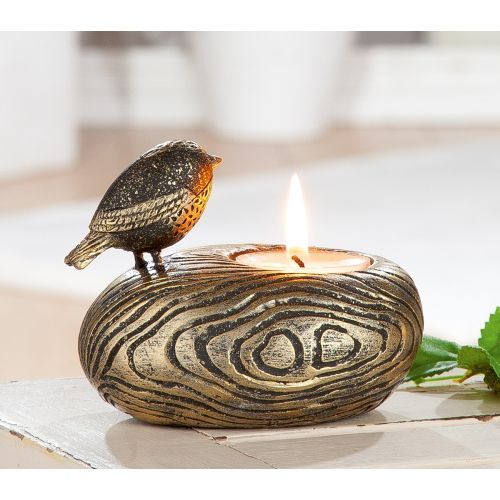 GILDE Poly Teelichthalter Vogel Woody schwarz, gold gewischt