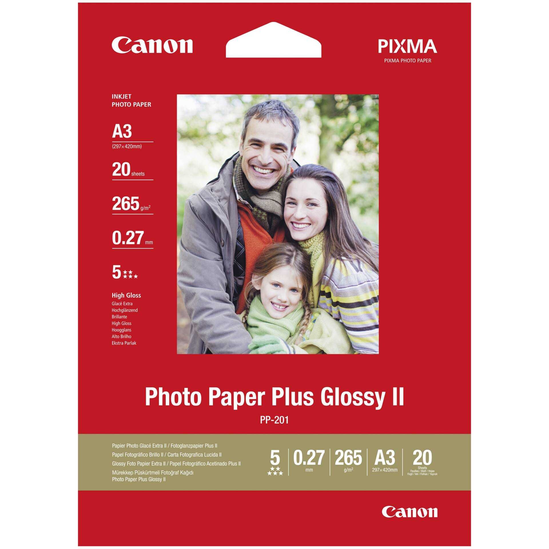 Canon Photo Paper Plus Glossy II PP-201 - Glänzend - A3 (297 x 420 mm) 20 Blatt Fotopapier - für PIXMA iX4000, iX5000, iX7000, PRO-1, PRO-10, PRO-100, Pro9000, Pro9500