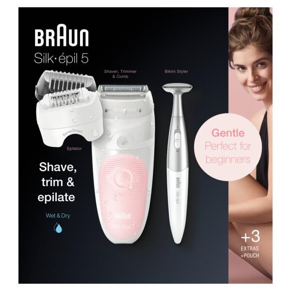 BRAUN Epilierer Silk-epil 5 Akku W&D 2Aufs + Bikinitrimmer flamigo 5-820