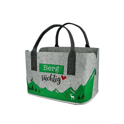 Gilde Tasche, rechteckig, "Berg süchtig", Schriftzug, Filz, hellgrau, VE 4, L. 26 cm, B. 40 cm, H. 25 cm