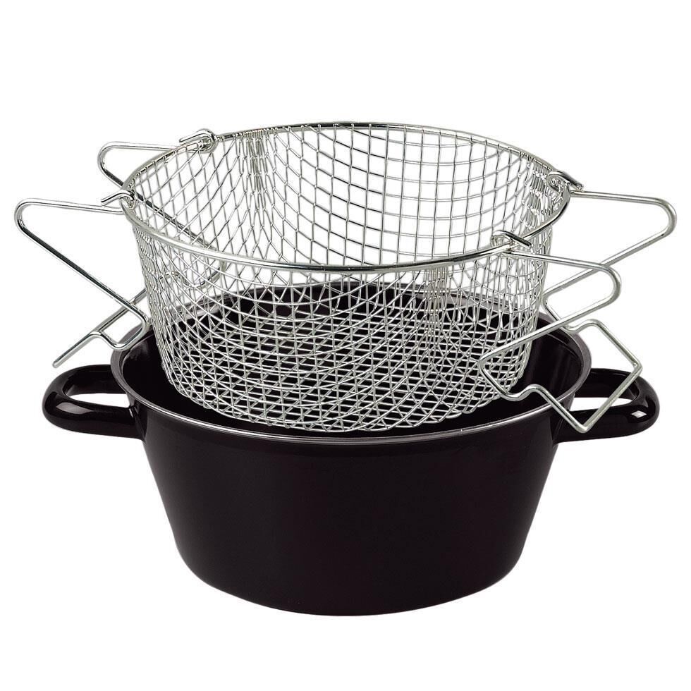 Riess Pommes-Frites Pfanne mit Einsatz Ø24cm zwei Griffe Schwarz Emaille Induktion