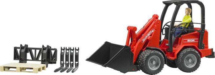 Bruder, Schäffer Hoflader 2034 mit Zubehör 02191, Profi, 29,5x9,6x15,7 cm, Rot, 2191
