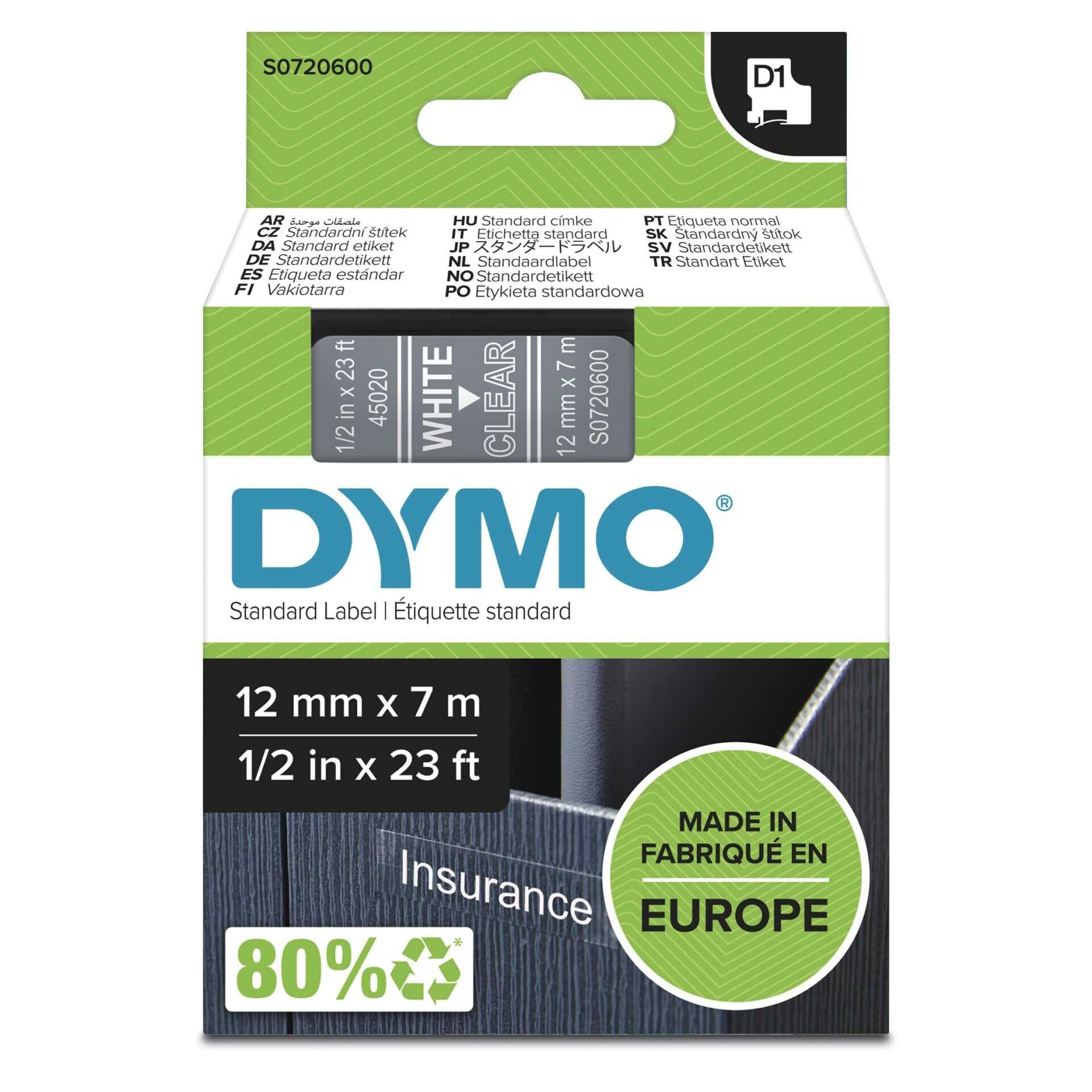 DYMO D1 - Selbstklebend - White on Transparent - Rolle (1,2 cm x 7 m) 1 Rolle(n) Etikettenband - für LabelMANAGER 160, 210D, 210D Kit, 210D Kit Case, 280, 360D, 420P, 420P Kit, 500TS, PnP