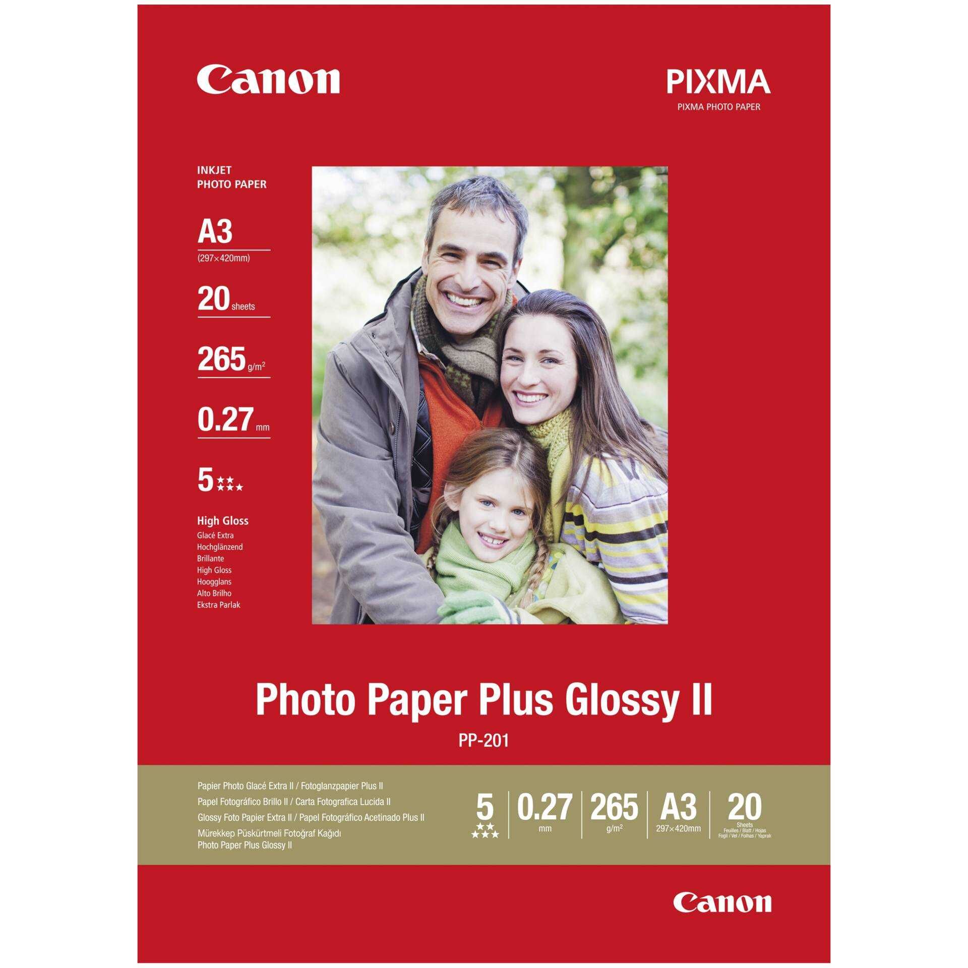 Canon Photo Paper Plus Glossy II PP-201 - Glänzend - A3 (297 x 420 mm) 20 Blatt Fotopapier - für PIXMA iX4000, iX5000, iX7000, PRO-1, PRO-10, PRO-100, Pro9000, Pro9500