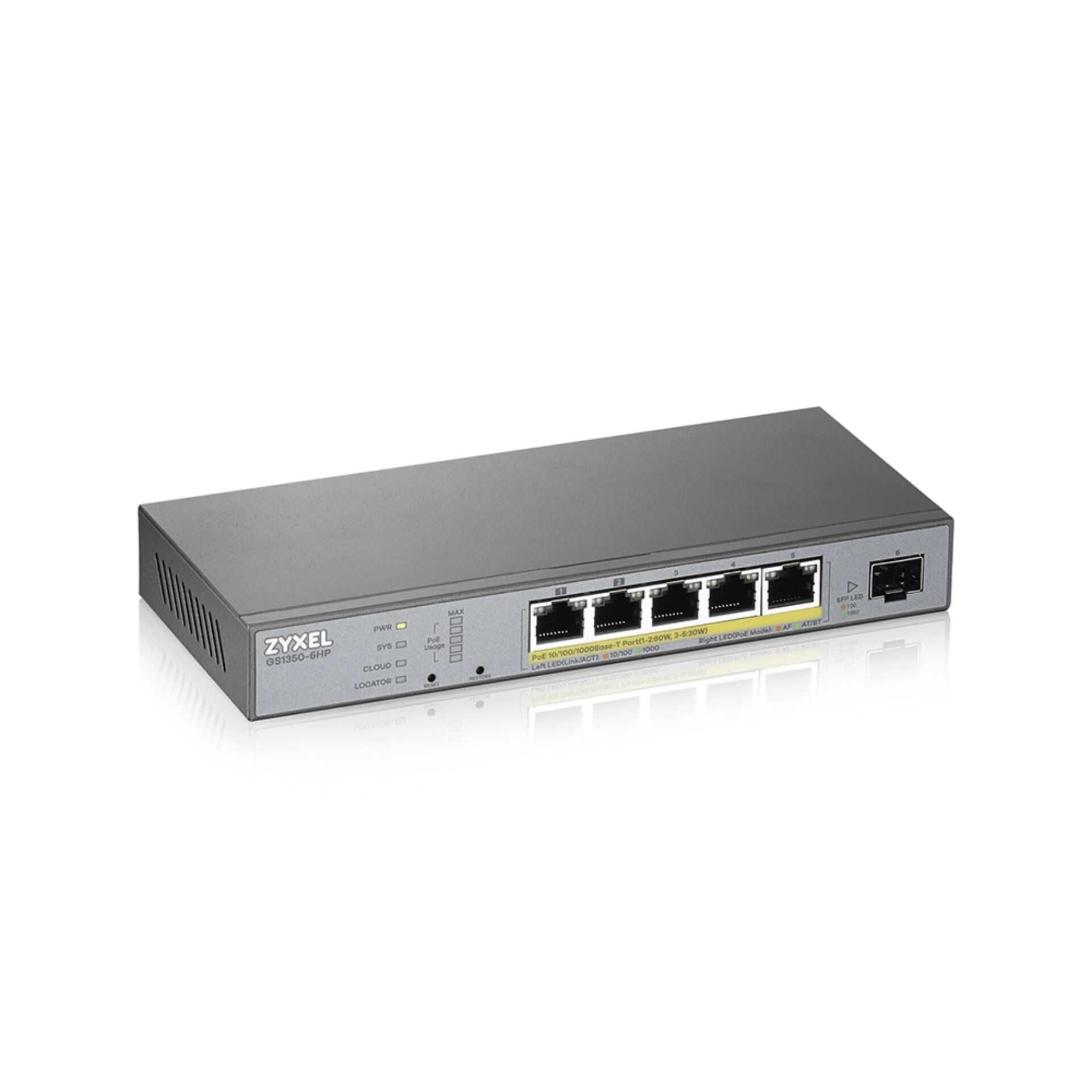 Zyxel GS1350-6HP - Switch - Smart - 5 x 10/100/1000 (PoE+) + 1 x Gigabit SFP (Uplink) - Desktop - PoE+ (250 W)