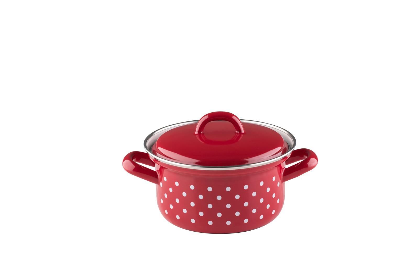 Riess Kasserolle mit Deckel Ø12cm 0,5 Liter Emaille Country Pünktchen rot