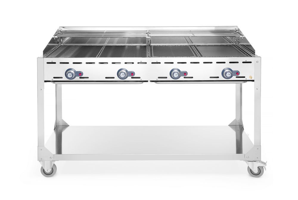 HENDI Grillsystem Green Fire 4 Brenner, Profi Line, mit Rollengestell, Hellgrau, 22kW, 1400x612x(H)825mm