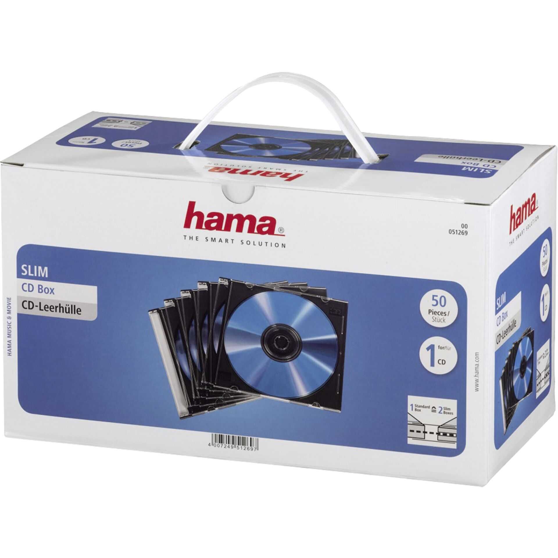 Hama - Slim Jewel Case für Speicher-CD - Kapazität: 1 CD - durchsichtig schwarz (Packung mit 50)