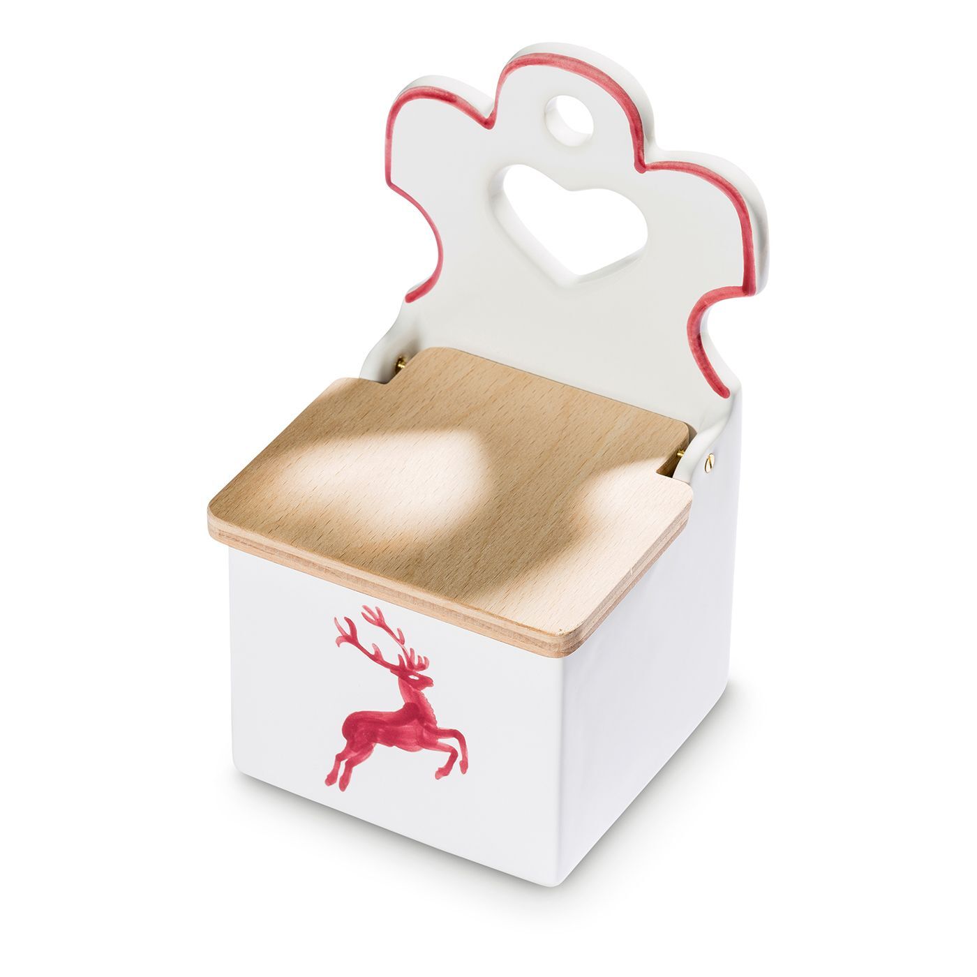Gmundner Keramik Bordeauxroter Hirsch, Salzfass mit Holzd.(H: 18cm)