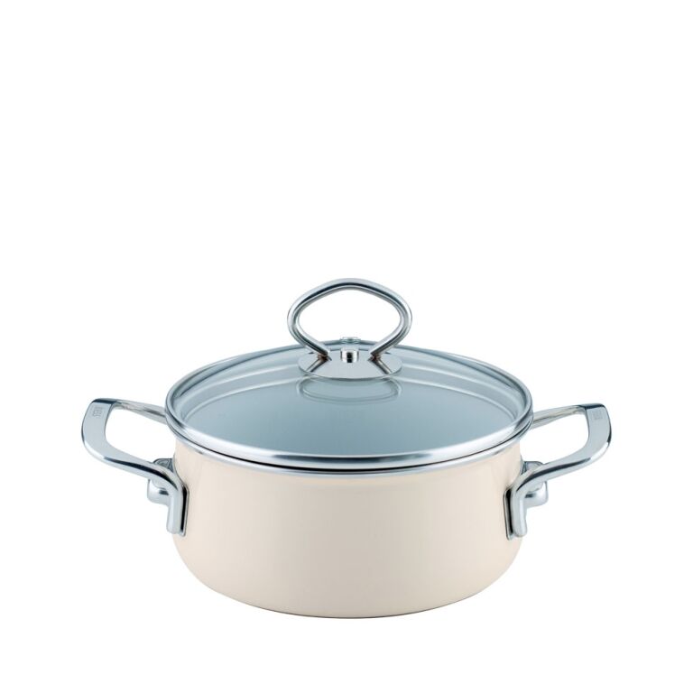 Riess Kasserolle mit Glasdeckel Ø16cm 1,3L Avorio Emaille