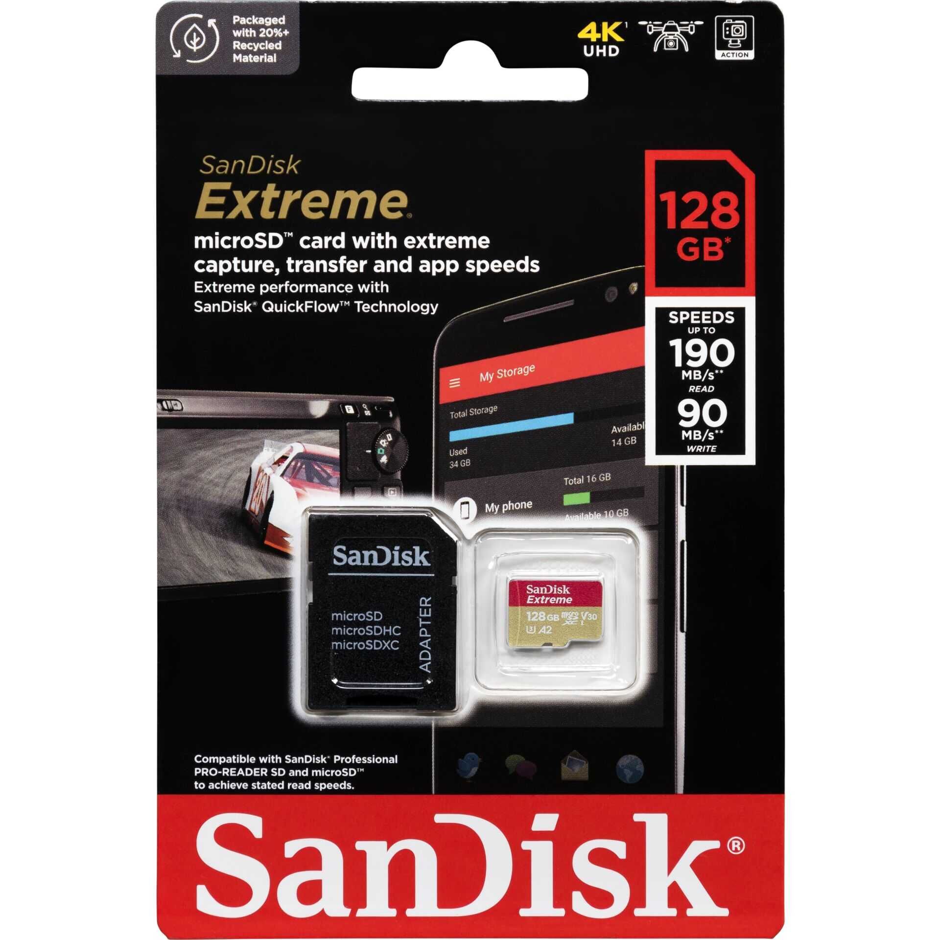 SanDisk Extreme - Flash-Speicherkarte (microSDXC-an-SD-Adapter inbegriffen) - 128 GB - A2 / Video Class V30 / UHS-I U3 / Class10 - microSDXC UHS-I
