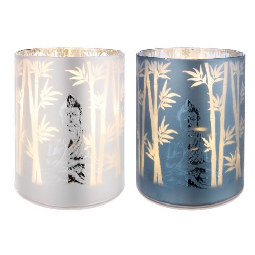 GILDE Glas LED-Leuchter Buddha so silbern+blau, 3xAA Batt., 6h Timer 40385
