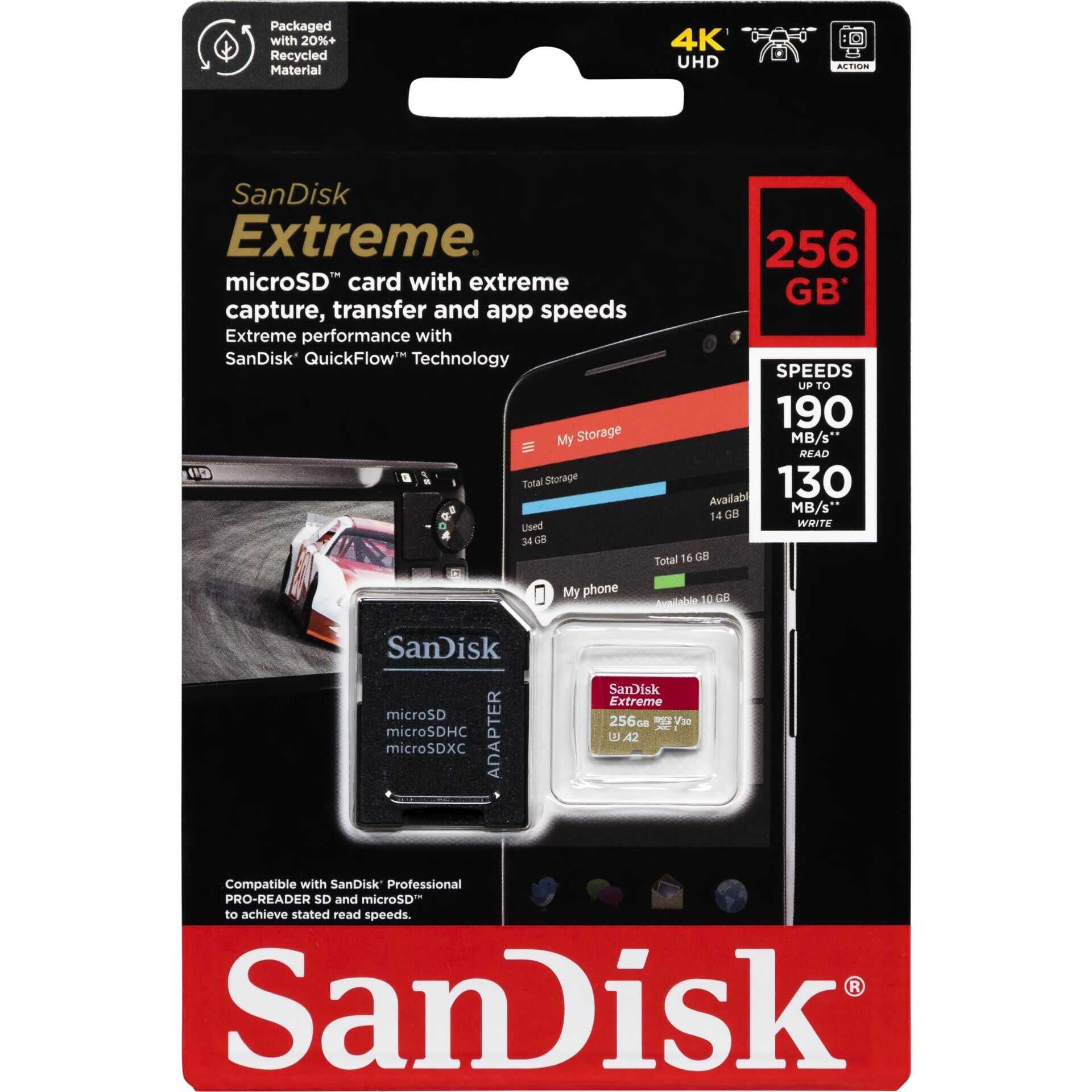 SanDisk Extreme - Flash-Speicherkarte (microSDXC-an-SD-Adapter inbegriffen) - 256 GB - A2 / Video Class V30 / UHS-I U3 / Class10 - microSDXC UHS-I