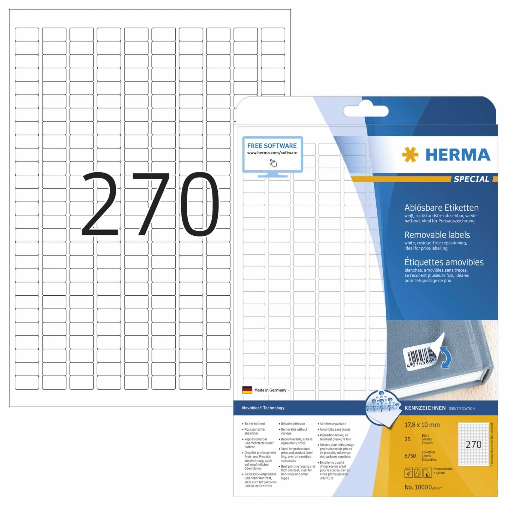 HERMA Special - Papier - matt - selbstklebend, entfernbarer Klebstoff - weiß - 17.8 x 10 mm 6750 Etikett(en) (25 Bogen x 270) Etiketten