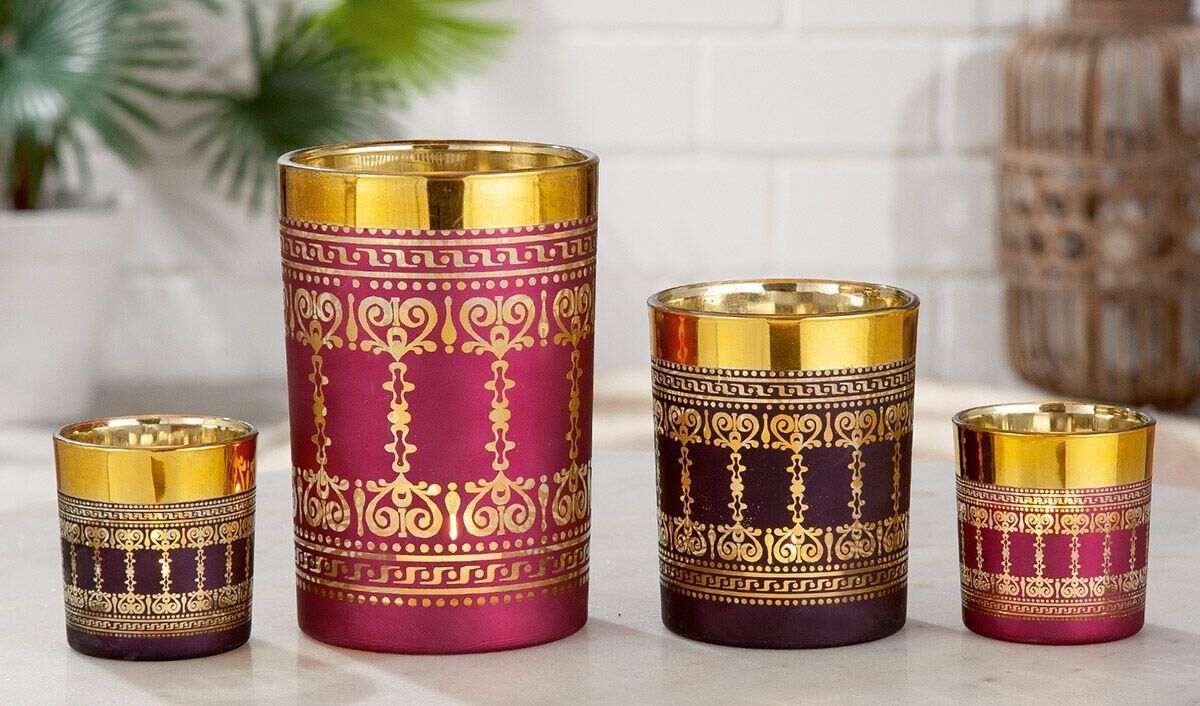 GILDE Glas Windlicht Boheme dunkellila beerenfarben, Goldrand