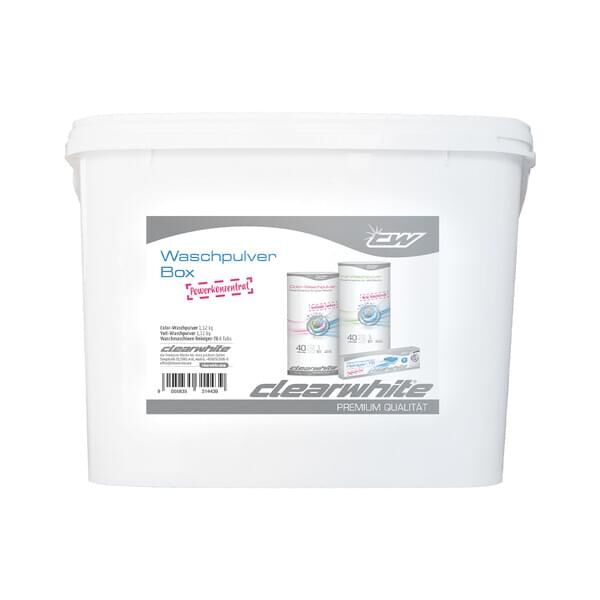 clearwhite Waschpulver-Box Vollwaschpulver 1,12kg + Colorwaschpulver 1,12kg + Waschmaschinenreiniger T6