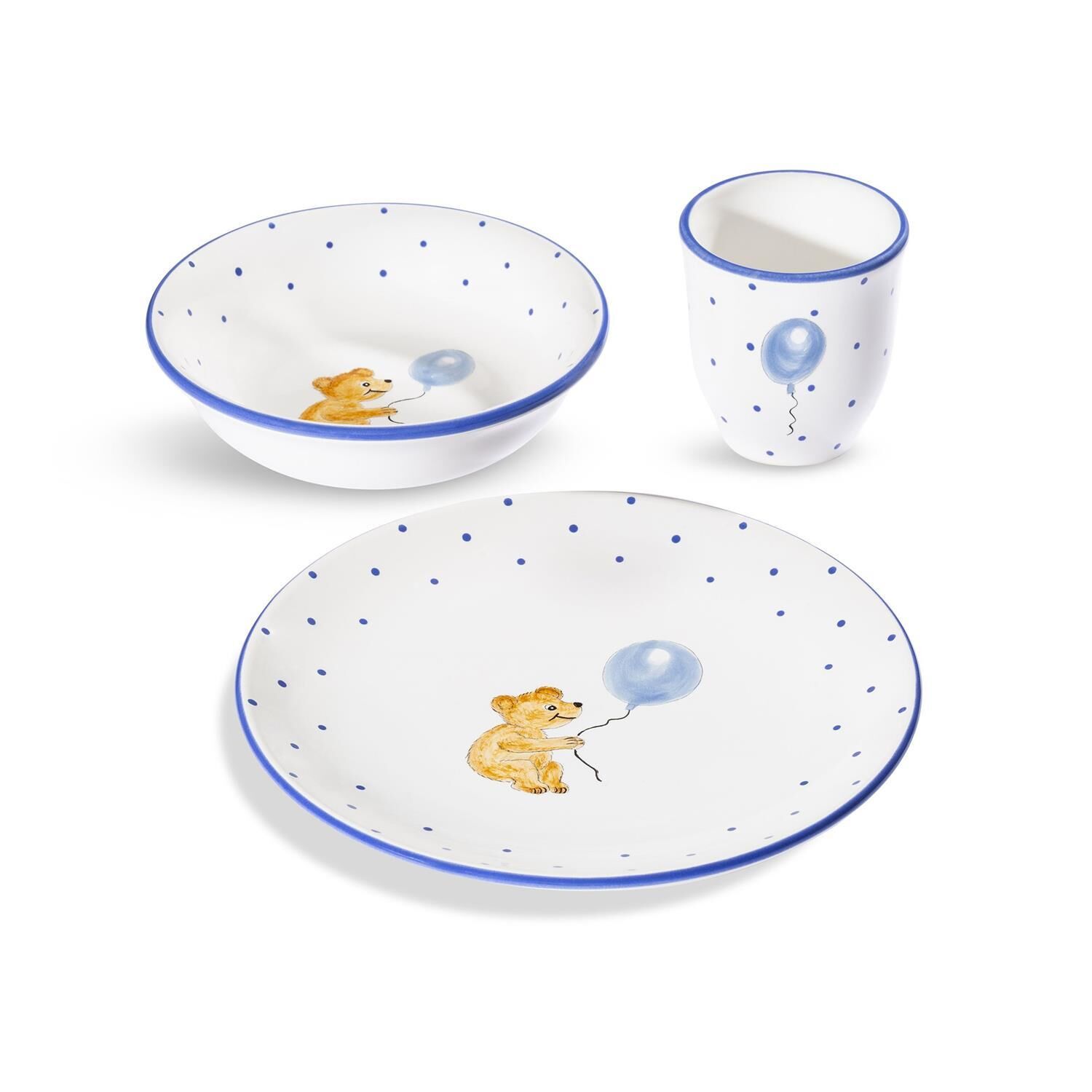 Gmundner Keramik Tupferl Blau, Kinderset 3-tlg. mit Bär