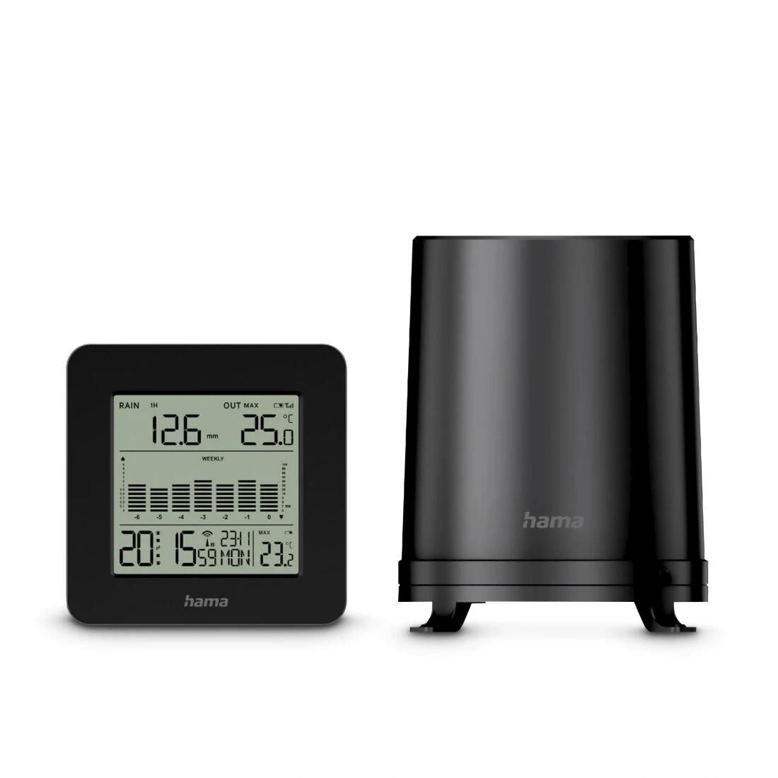 Hama Wetterstation "Mykonos" mit Regenmesser/Außensensor, Funk, Wecker, Schwarz