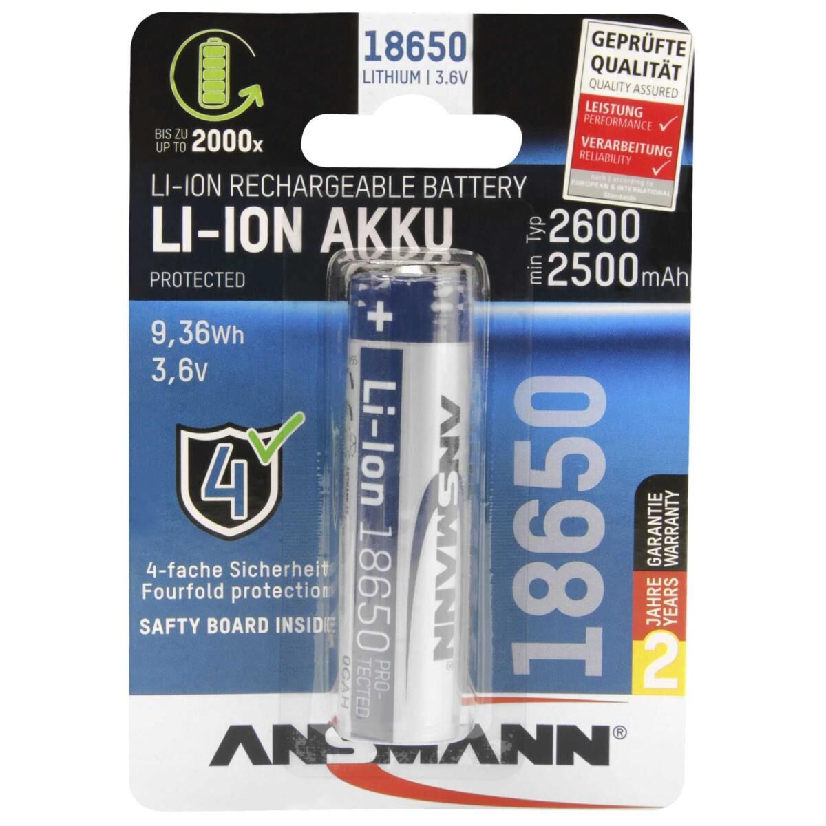 ANSMANN - Batterie 18650 - Li-Ion - 2600 mAh - 9.36 Wh - 1S (1S1P)