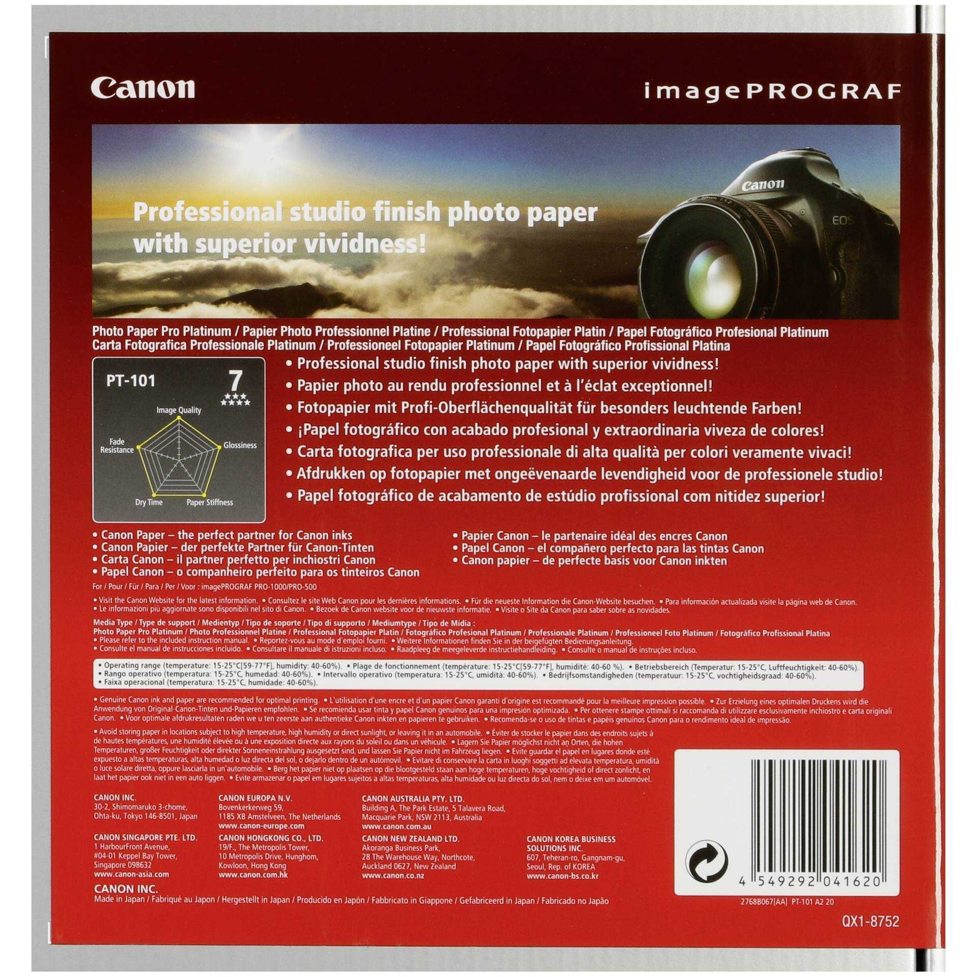 Canon Pro Platinum PT-101 - Hochglänzend - 300 Mikron - A2 (420 x 594 mm) - 300 g/m² - 20 Blatt Fotopapier