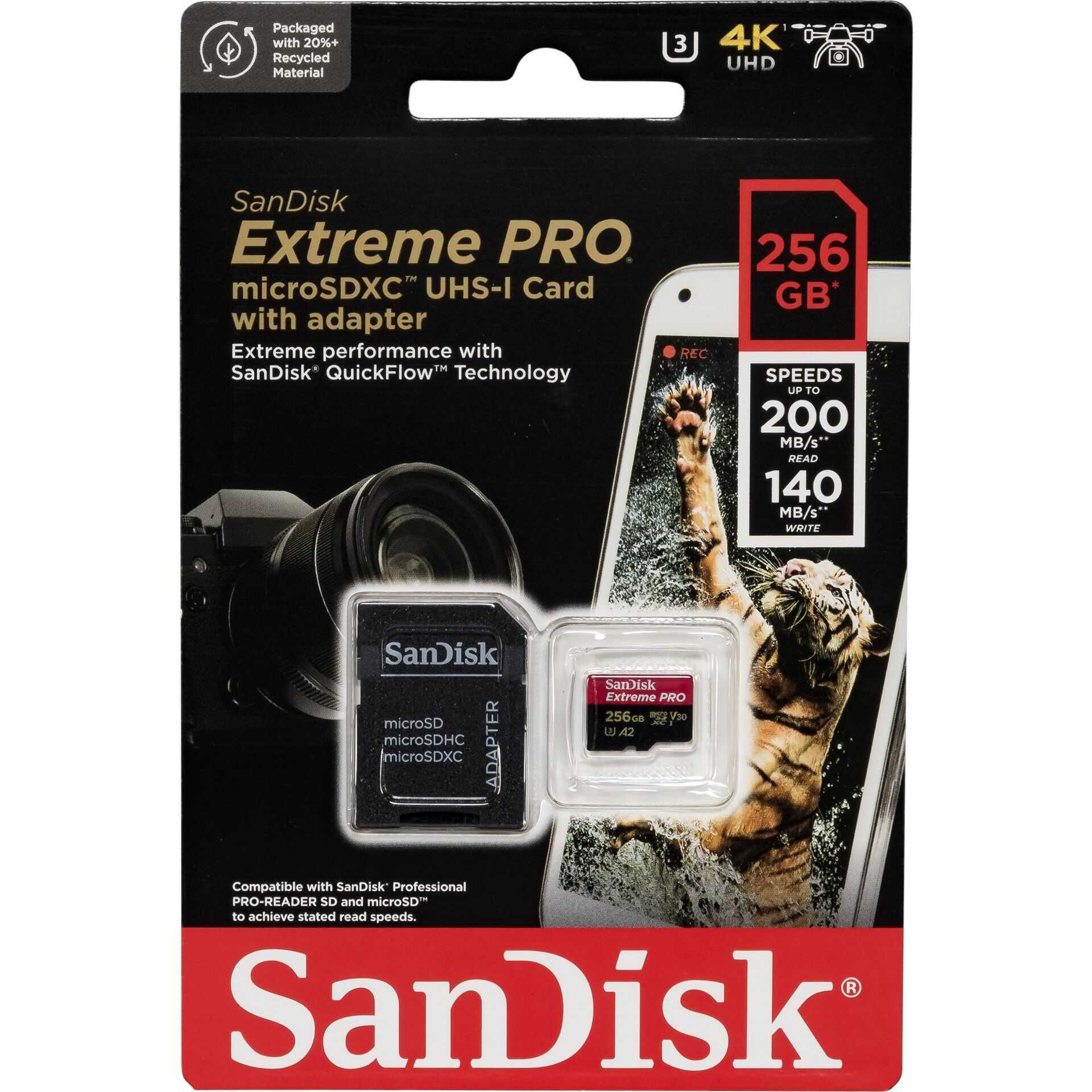 SanDisk Extreme Pro - Flash-Speicherkarte (microSDXC-an-SD-Adapter inbegriffen) - 256 GB - A2 / Video Class V30 / UHS-I U3 / Class10 - microSDXC UHS-I