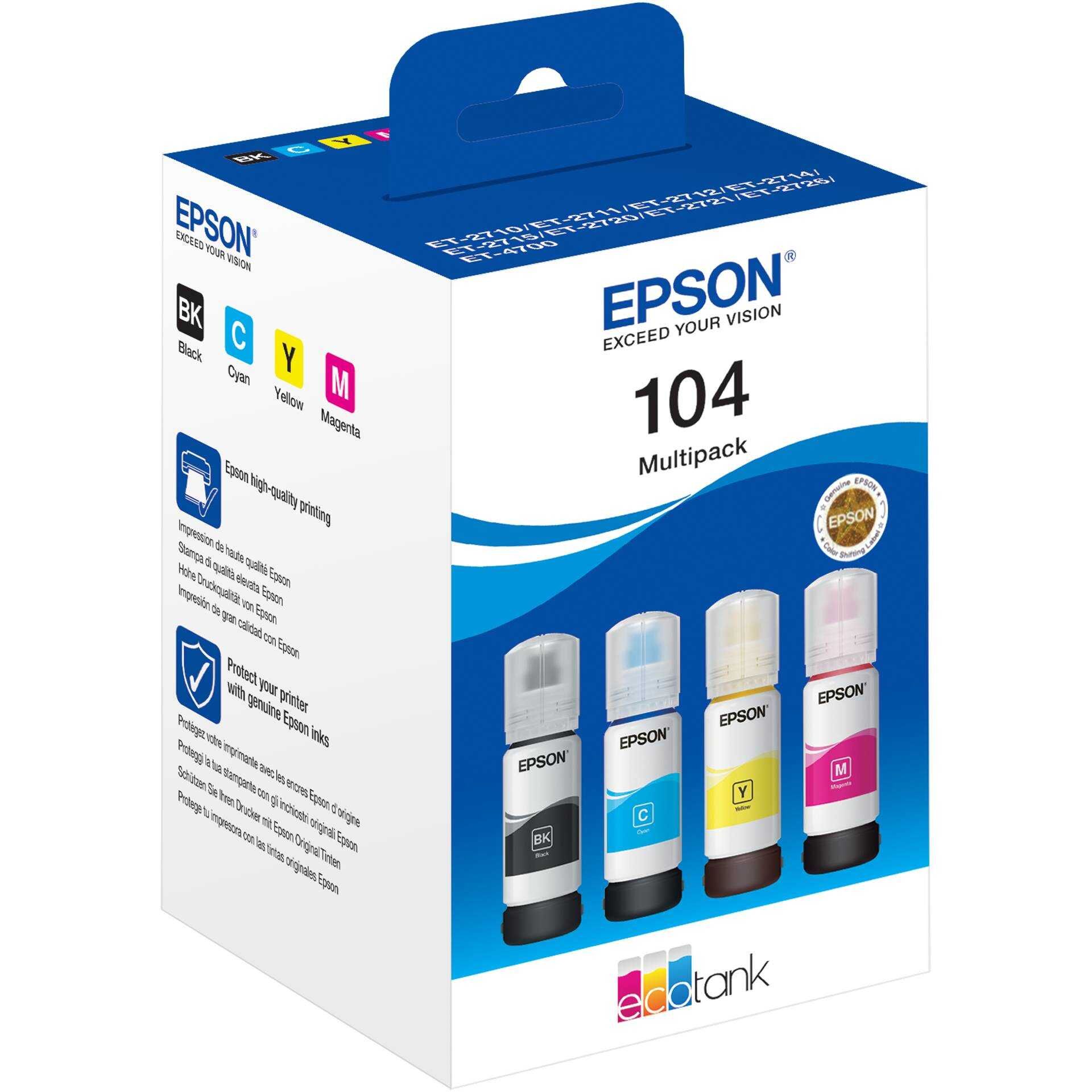 Epson EcoTank 104 - 4er-Pack - Schwarz, Gelb, Cyan, Magenta - original - Nachfülltinte - für EcoTank ET-1810, 2715, 2721, 2810, 2811, 2812, 2814, 2815, 2820, 2821, 2825, 2826, 4800