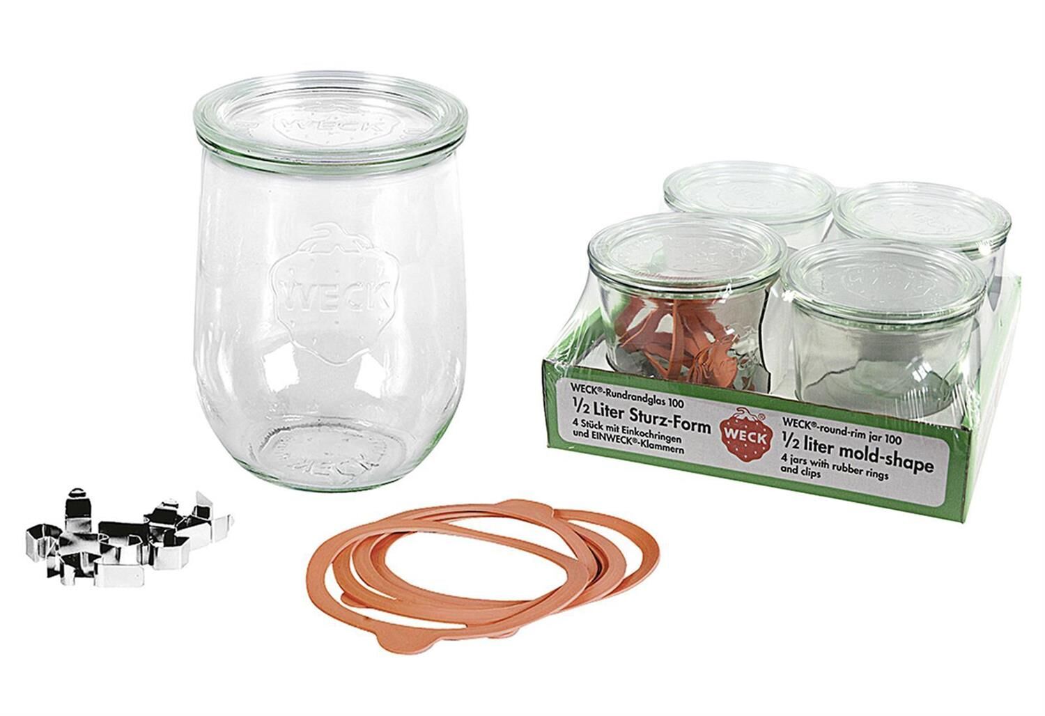 WECK Rundrandglas Tulpe 1 l 4er Tray mit Deckel 100mm, Ring und Klammern