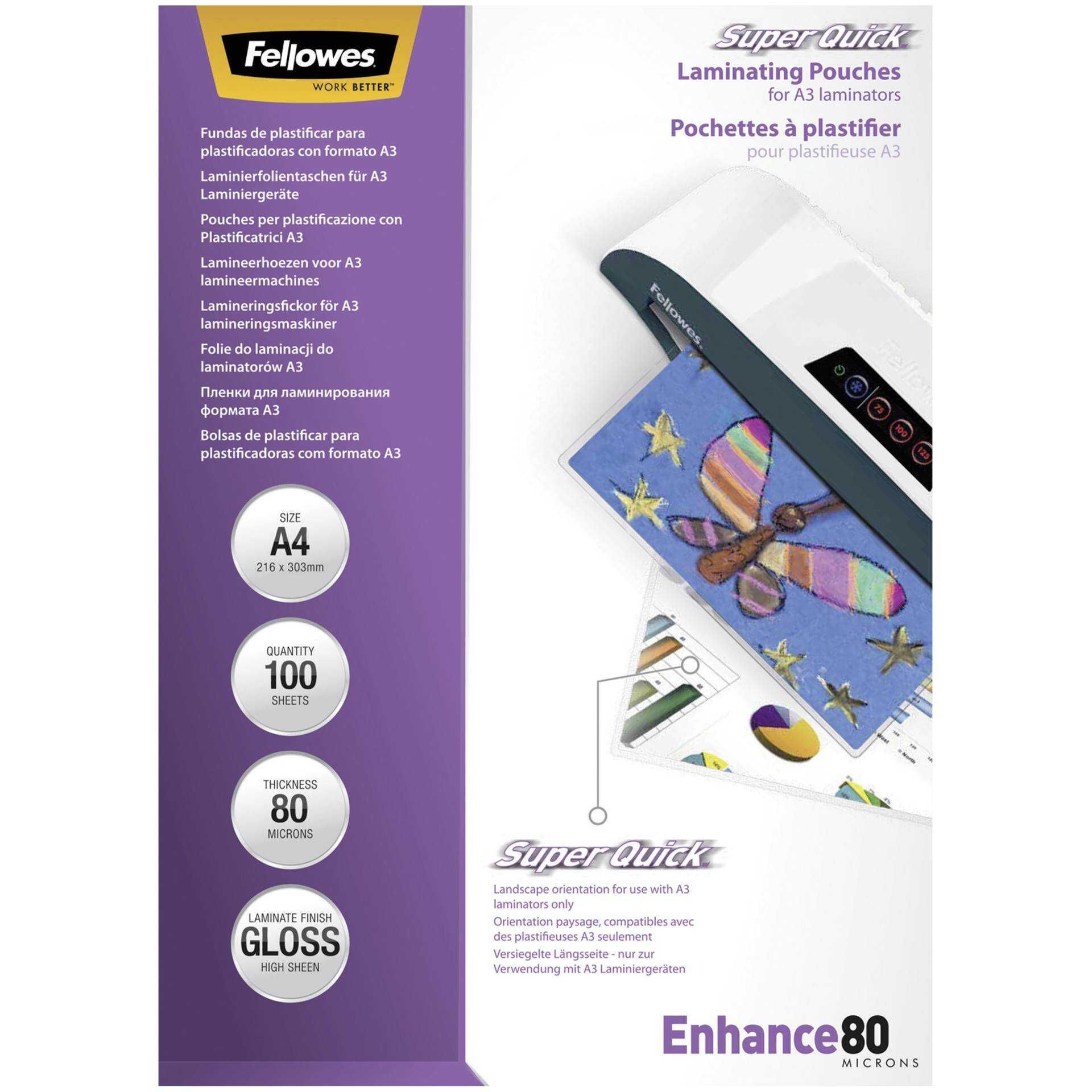 Fellowes Laminating Pouches SuperQuick Enhance 80 micron - 80 Mikron - 100er-Pack - glänzend - durchsichtig - A4 (210 x 297 mm) Taschen für Laminierung