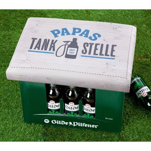 Gilde Sitzpolster, rechteckig, "Papa's Tankstelle", Schriftzug, Kunststoff, naturfarben, VE 6, L. 34 cm, B. 44 cm, H. 5 cm