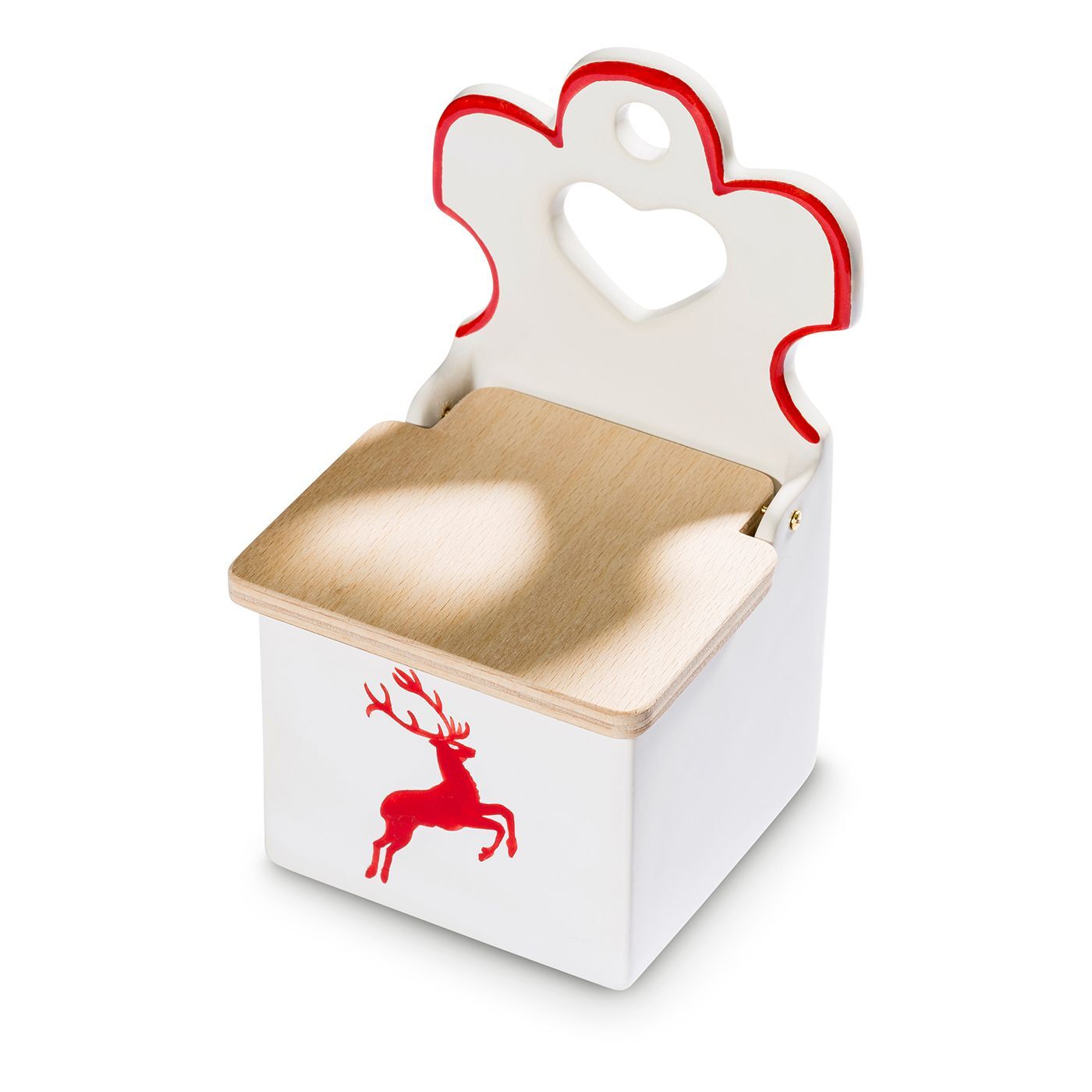 Gmundner Keramik Rubinroter Hirsch, Salzfass mit Holzdeck.(H: 18cm)