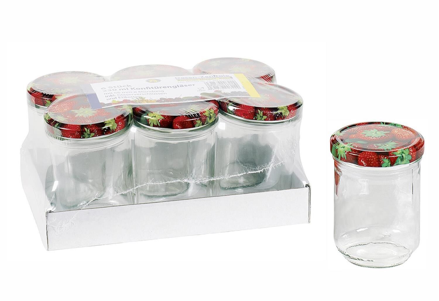 DOSEN-ZENTRALE Schraubdeckelglas Sturz 230 ml mit 66mm TO-Deckel Erdbeerdekor 6er Tray