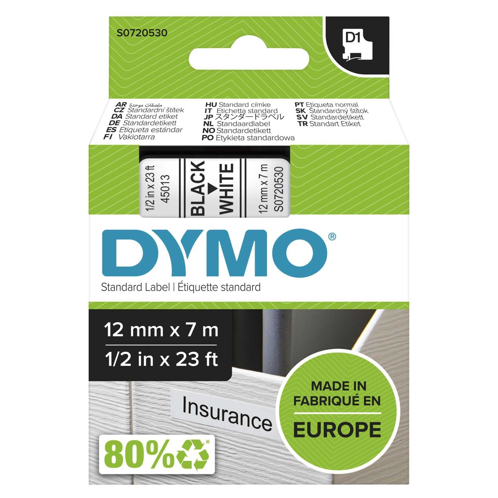 DYMO D1 - Selbstklebend - Schwarz auf Weiß - Rolle (1,2 cm x 7 m) 1 Rolle(n) Etikettenband - für LabelMANAGER 100, 160, 210, 220, 260, 280, 300, 360, 420, Wireless PnP; LabelPOINT 250