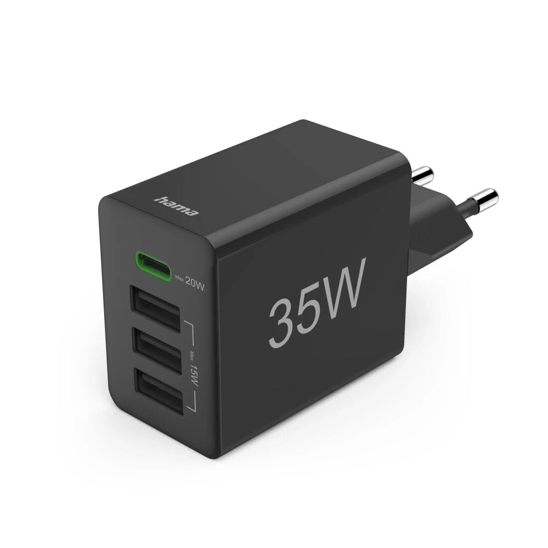 Hama Schnellladegerät, 1x USB-C PD, 3x USB-A, Mini-Ladegerät, 35W, Schwarz