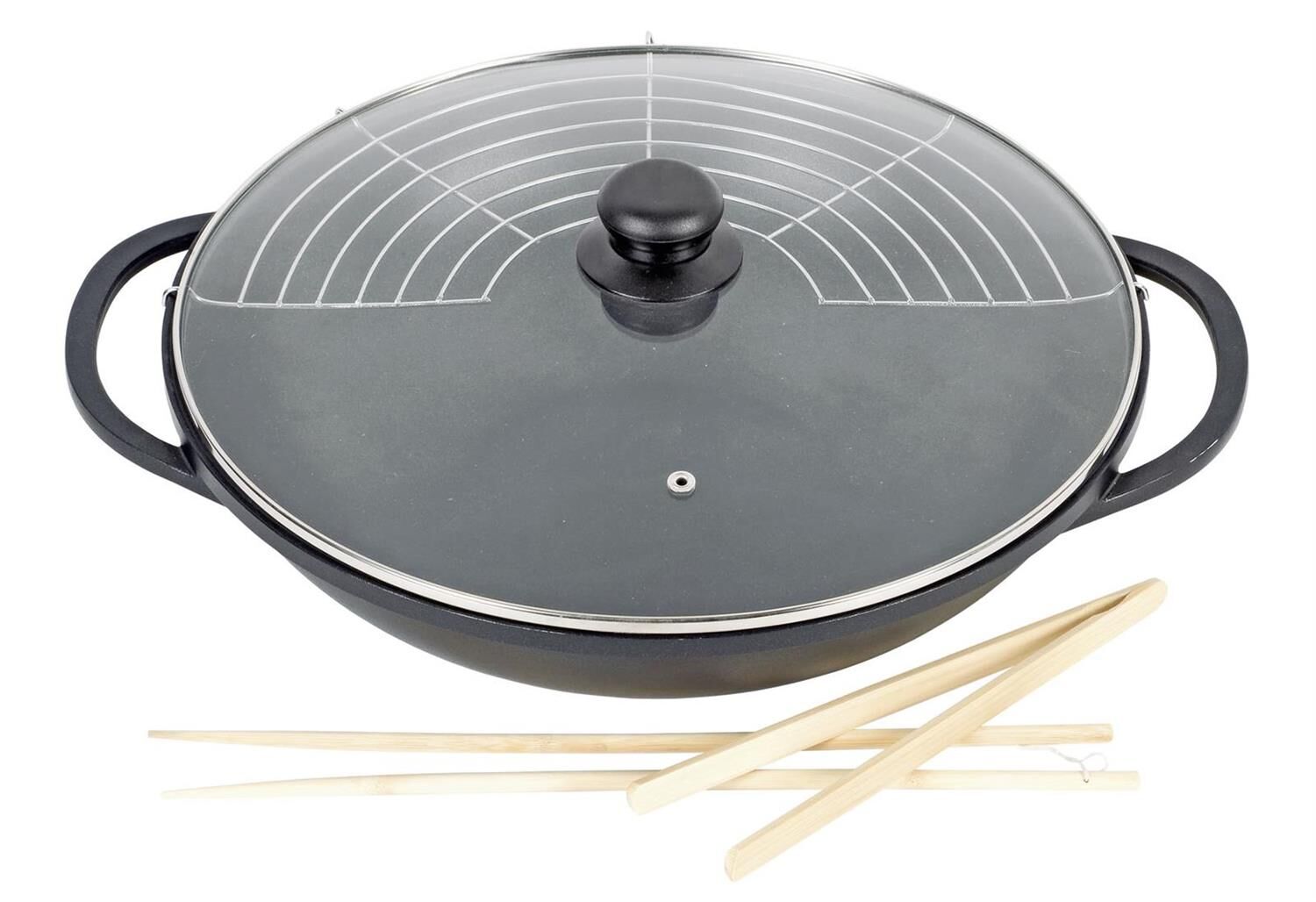 KARL KRÜGER Wok Leipzig Ø36 cm Aluguss mit Glasdeckel und Zubehör