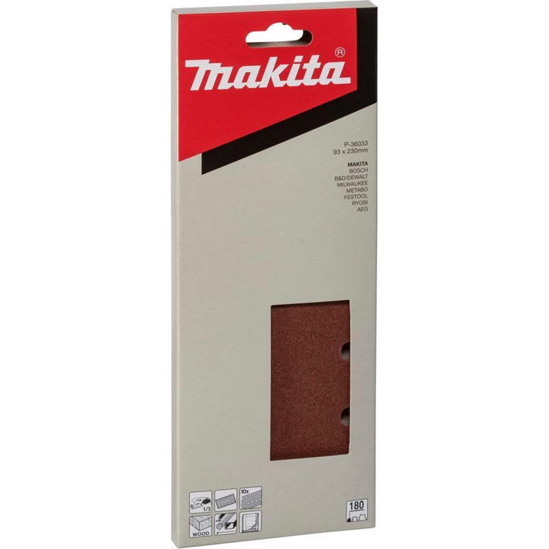 Makita Schleifpapier 93 x 230 mm, K180, 10 Stk. 93 x 230 mm • K180 • 10 Stk. • 8 Loch