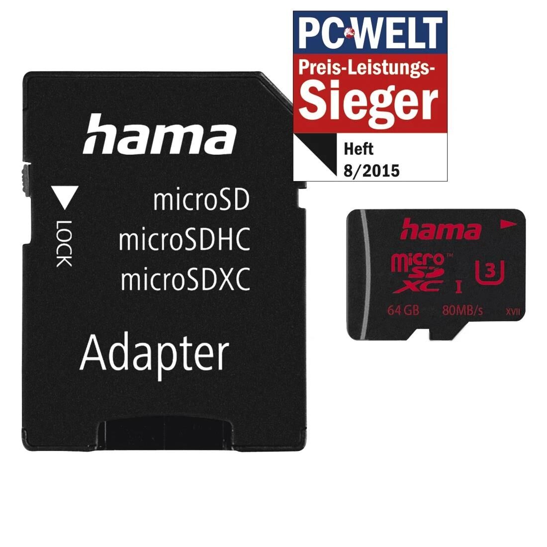 Hama microSDXC 64GB UHS Speed Class 3 UHS-I 80MB / s + Adapter / Foto