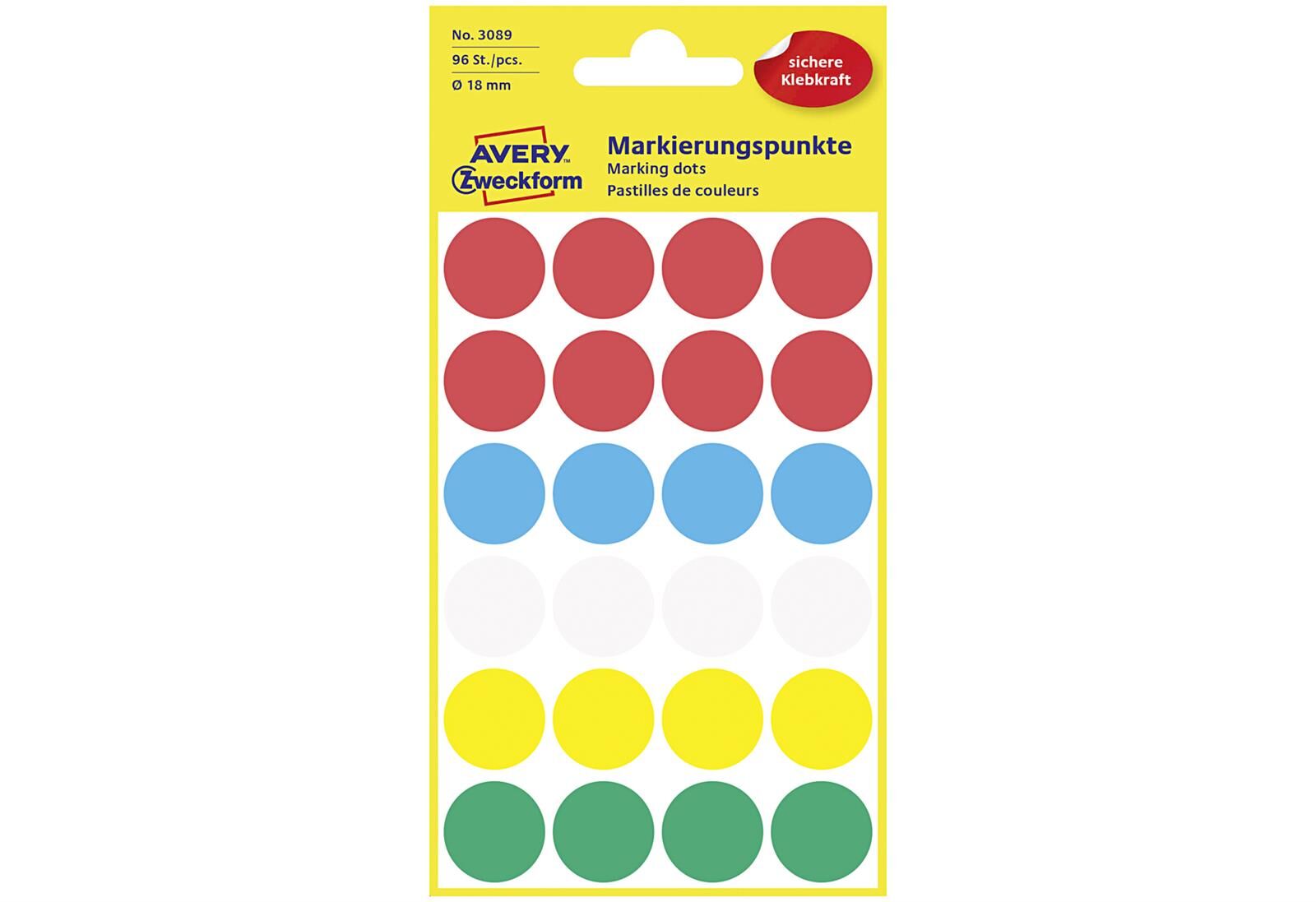 AVERY ZWECKFORM Etiketten 3089 Markierungspunkt Ø18mm sortiert 96 Stück