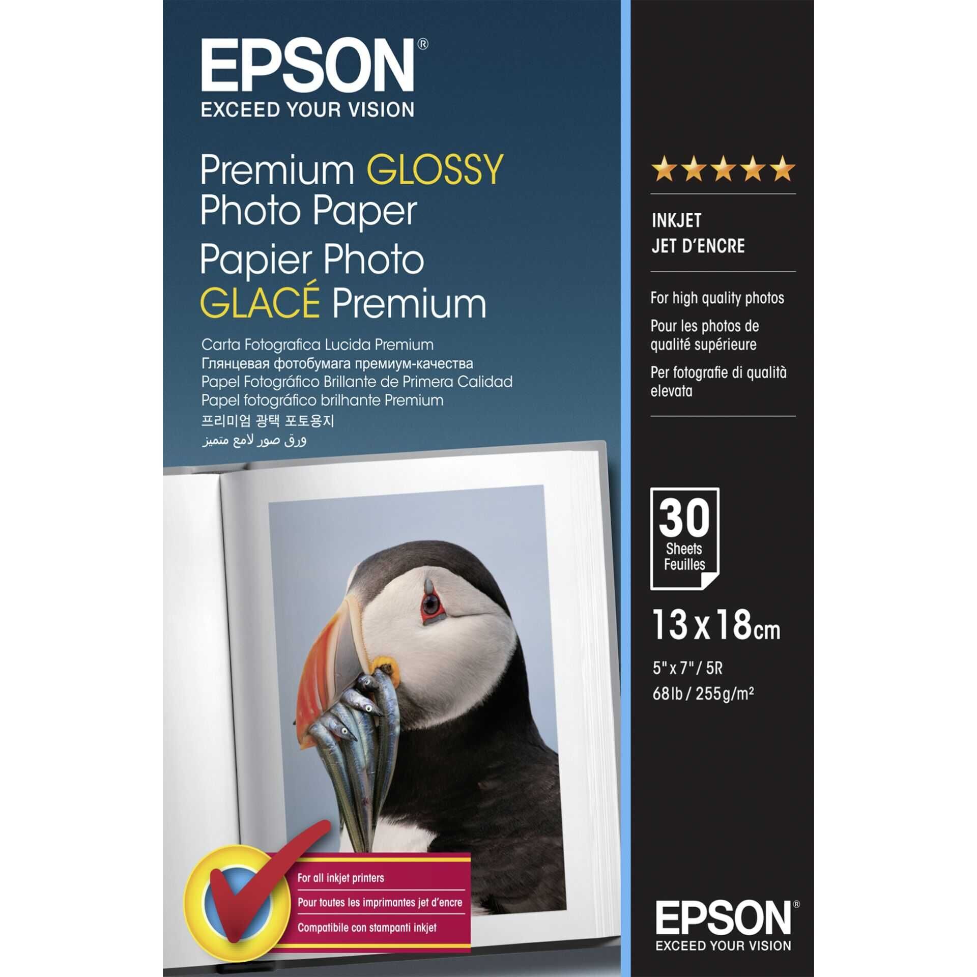 Epson Premium Glossy Photo Paper - Glänzend - 130 x 180 mm - 255 g/m² - 30 Blatt Fotopapier - für EcoTank ET-2650, 2710, 2712, 2714, 2715, 2720, 2721, 2726, 2750, 2751, 2756, 4700, 4750