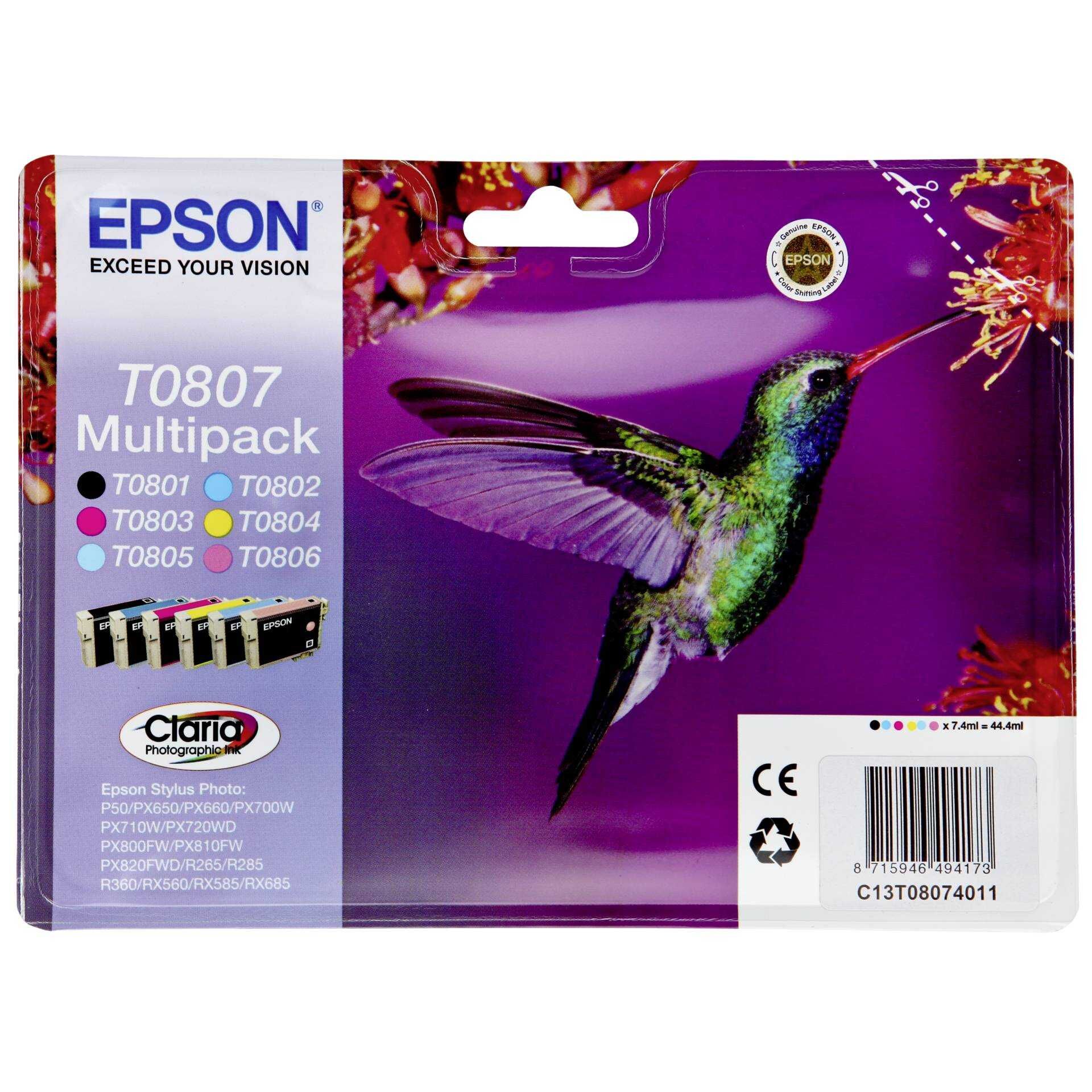 Epson T0807 Multipack - 6er-Pack - 44.4 ml - Schwarz, Gelb, Cyan, Magenta, hellmagentafarben, hell Cyan - Original - Blisterverpackung