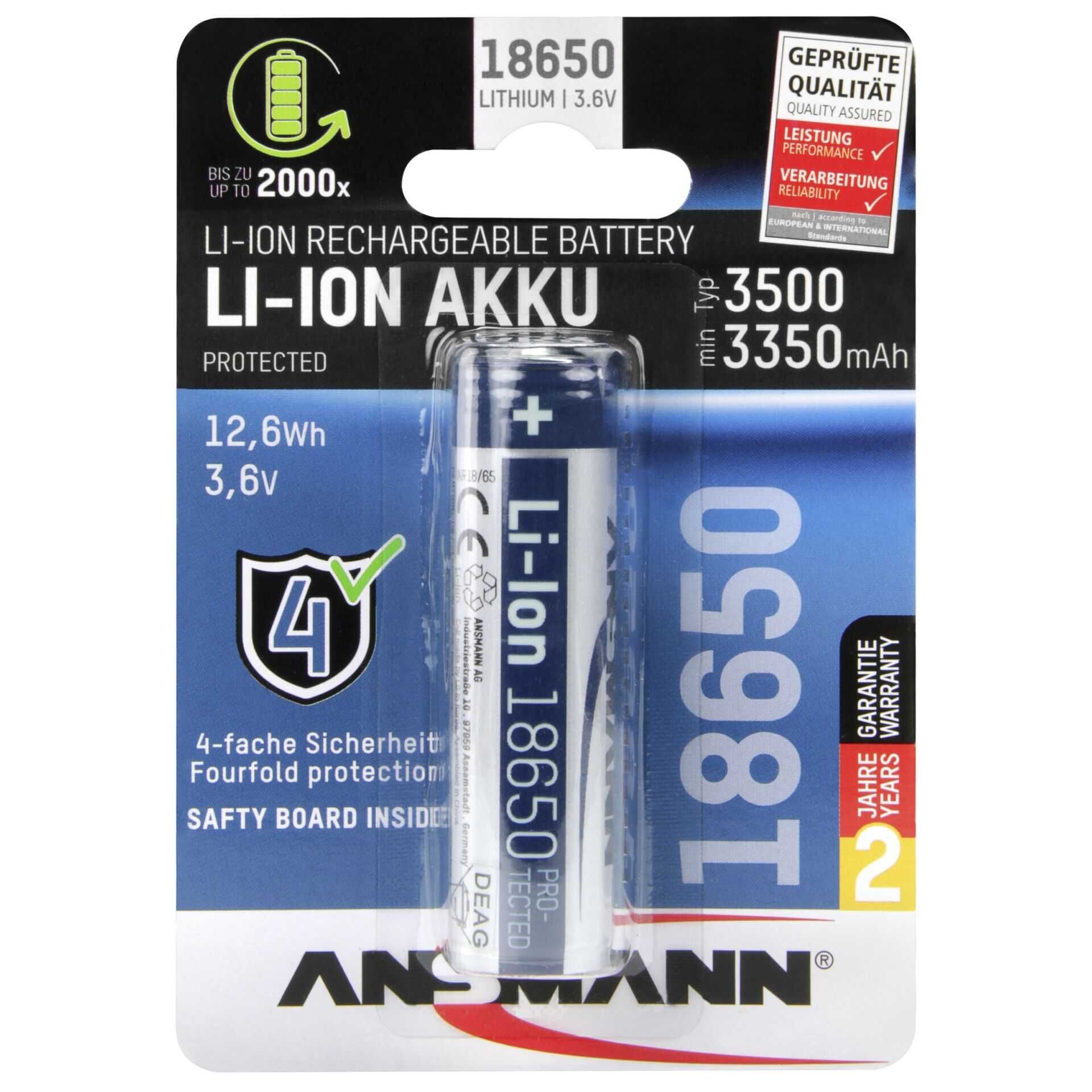 Ansmann Li-Ion 18650 3500mAh 3,6V Akku 12,6Wh       1307-0001