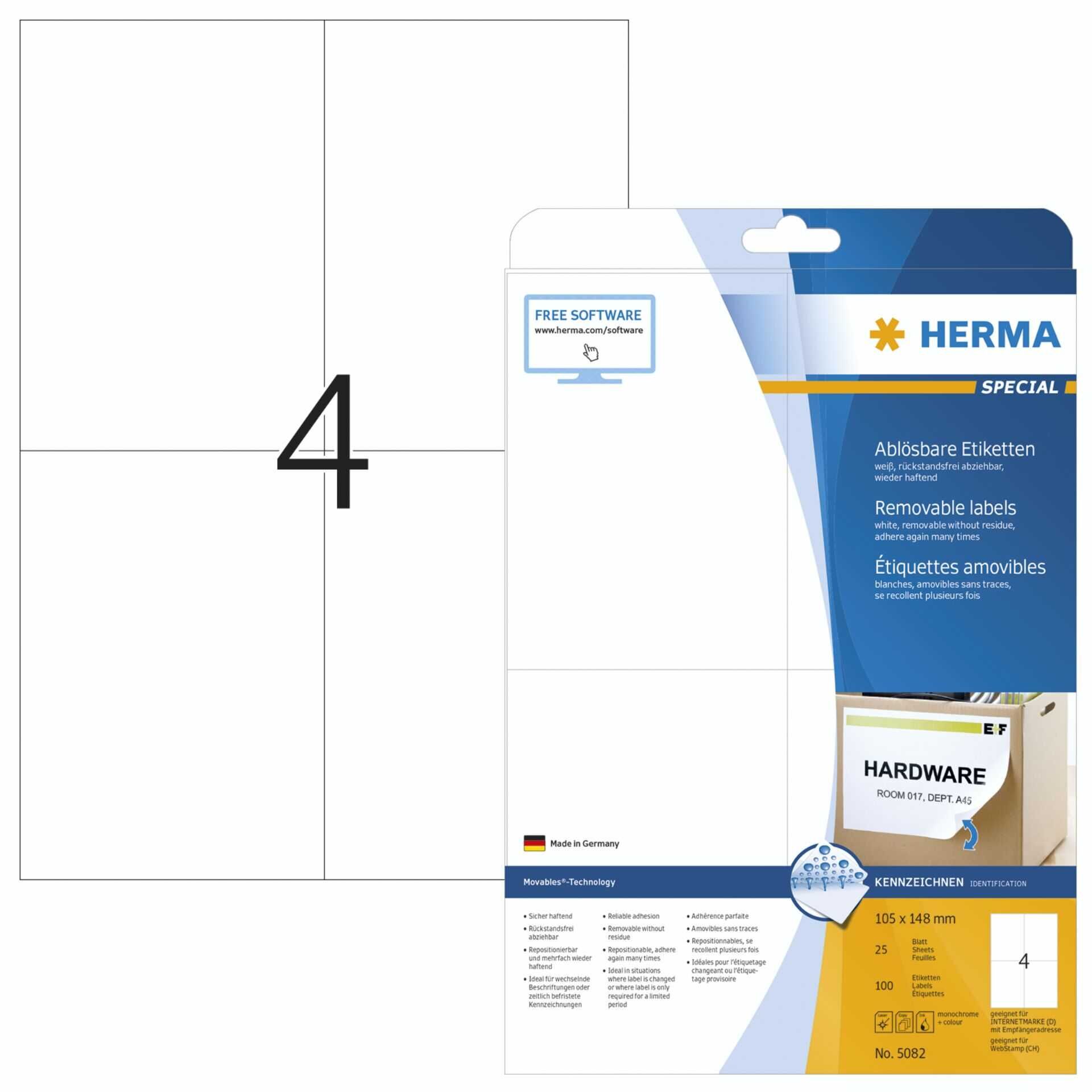 HERMA Special - Papier - matt - selbstklebend, entfernbarer Klebstoff - weiß - A6 (105 x 148 mm) 100 Etikett(en) (25 Bogen x 4) Etiketten