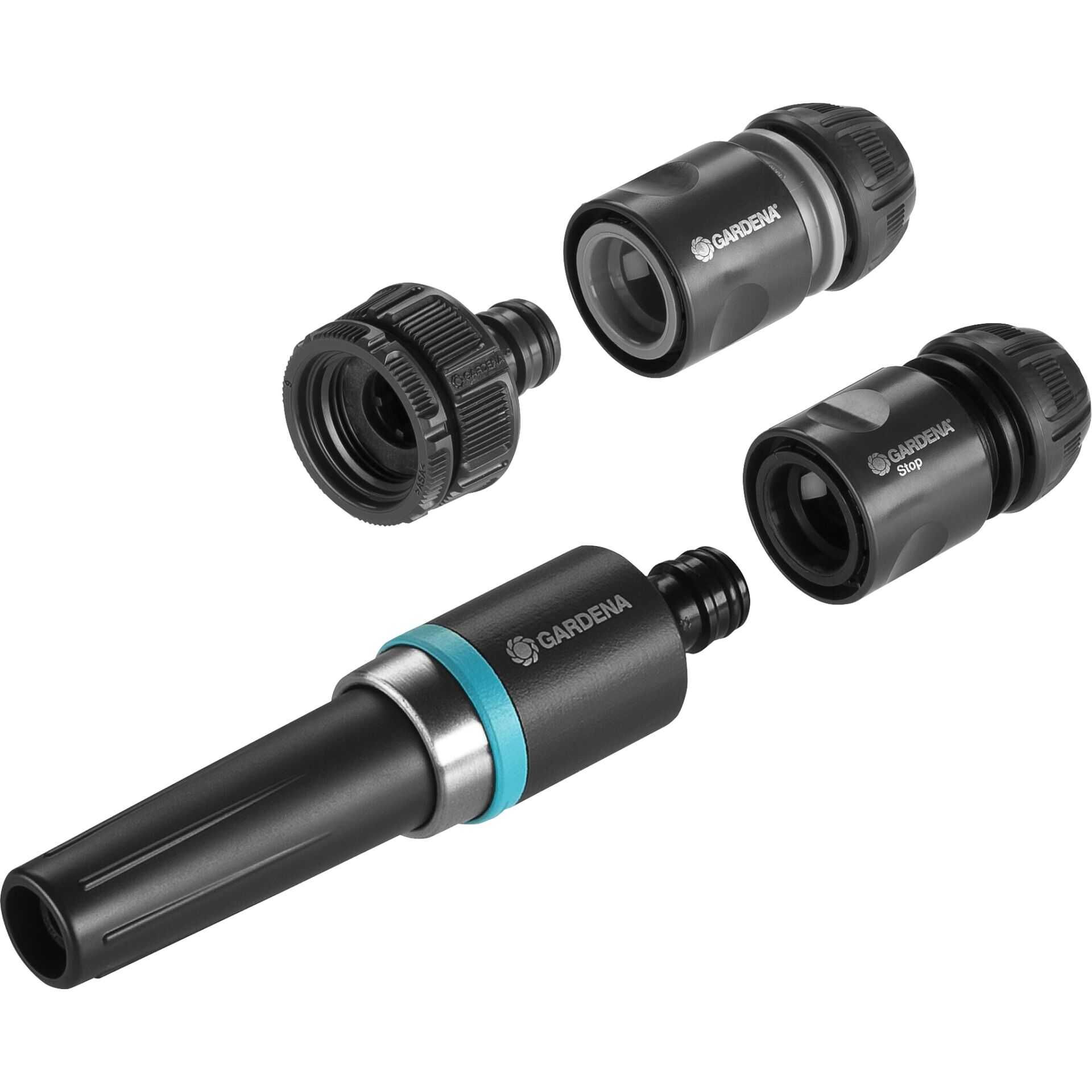 Gardena EcoLine Basic - Regulierspritzen-Anschlussset - mit Wasserstopp - geeignet für 13 mm (1/2") und 15 mm (5/8") Schläuche