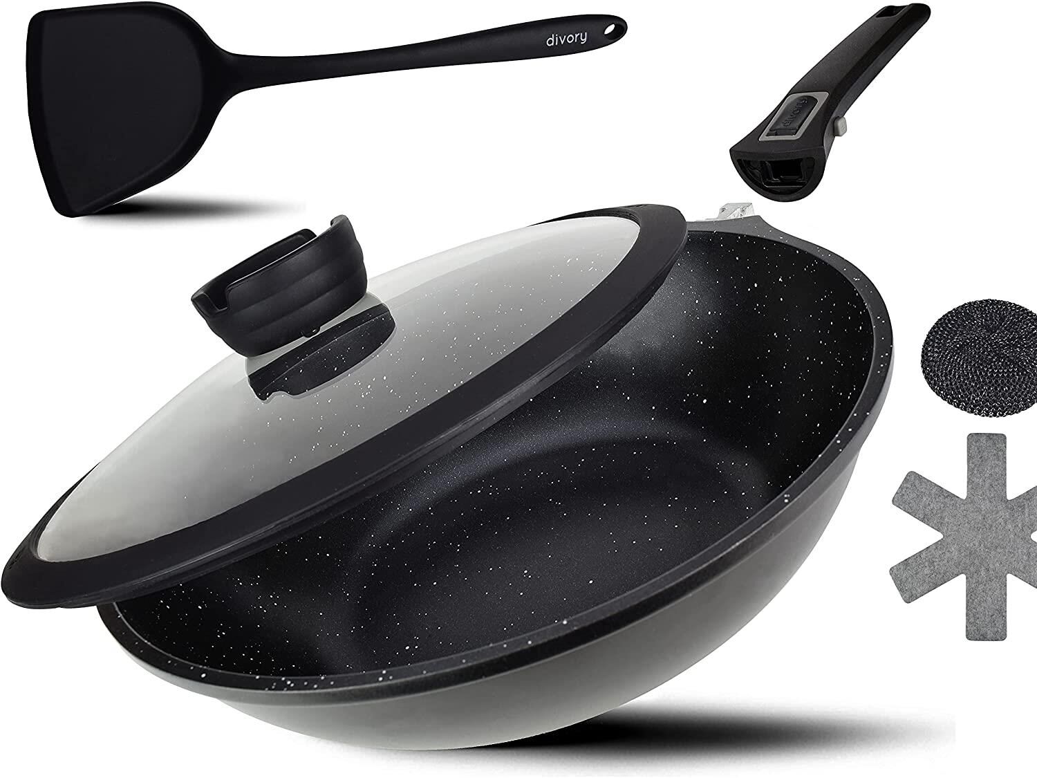 Ken Hom 4 teiliges Wok Set   Karbonstahl mit Antihaftbeschichtung/Phenolharz Griff  Ø 31 cm