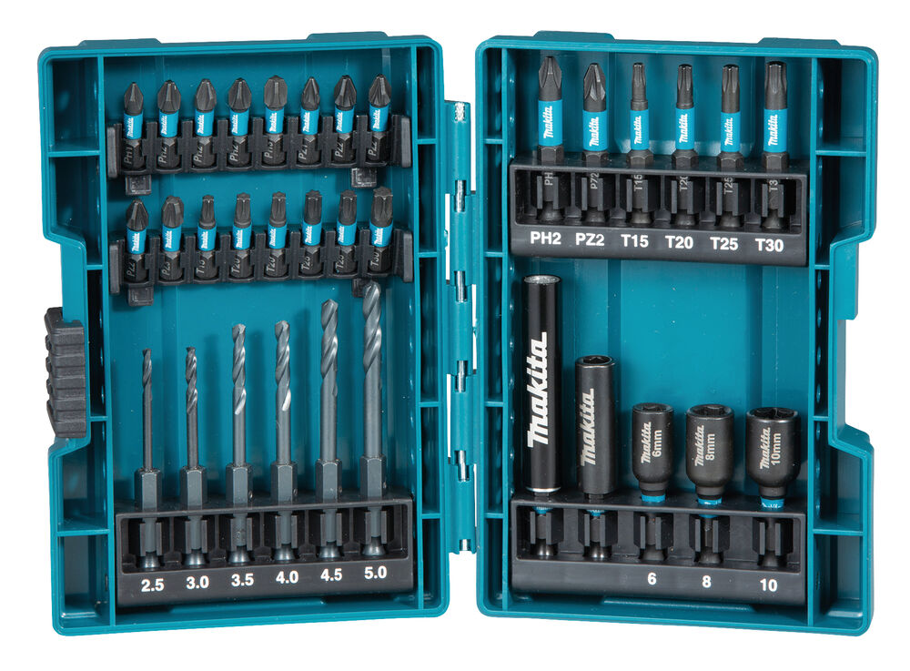 Makita Impact Black - Schraubendreher- und Bohreinsatzset - 33 Stücke - 5 mm, 4 mm, 3 mm, 2.5 mm, 3.5 mm, 4.5 mm - torx, phillips, pozidriv - T15, T20, T25, T30, PH1, PH2, PH3
