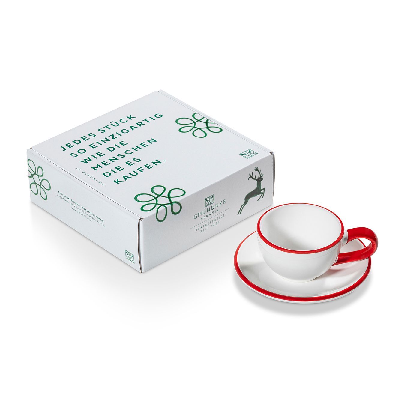 Gmundner Keramik Rubinroter Rand, Mokka für Dich/2tlg. i.Geschenkk.