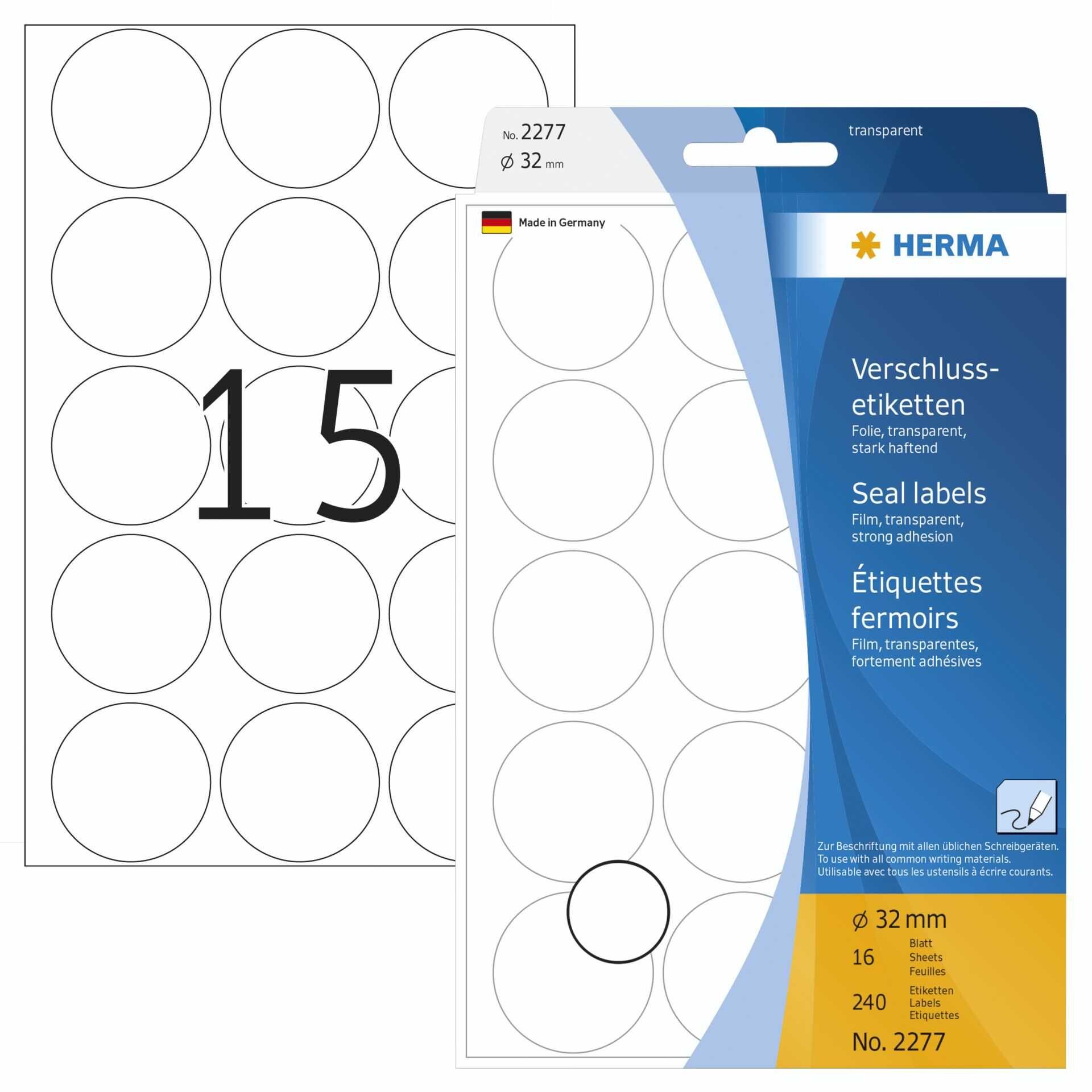 HERMA - Extra starker Klebstoff - durchsichtig - 32 mm rund 240 Etikett(en) (16 Bogen x 15) Etiketten