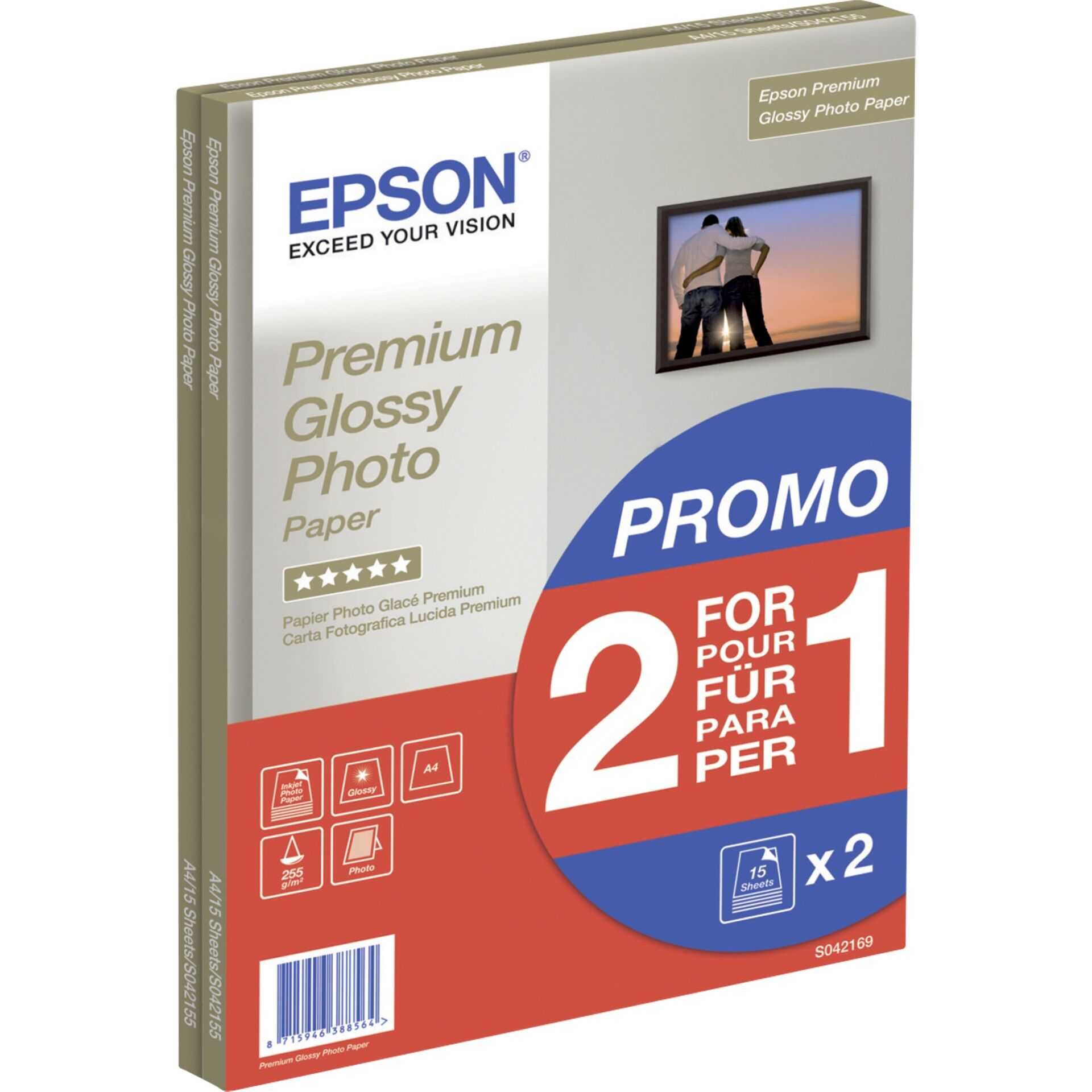 Epson Premium Glossy Photo Paper BOGOF - Glänzend - A4 (210 x 297 mm) - 255 g/m² - 15 Blatt Fotopapier (Packung mit 2) - für EcoTank ET-16500, 2650, 2750, 2751, 2756, 4750; Expression Home HD XP-15000